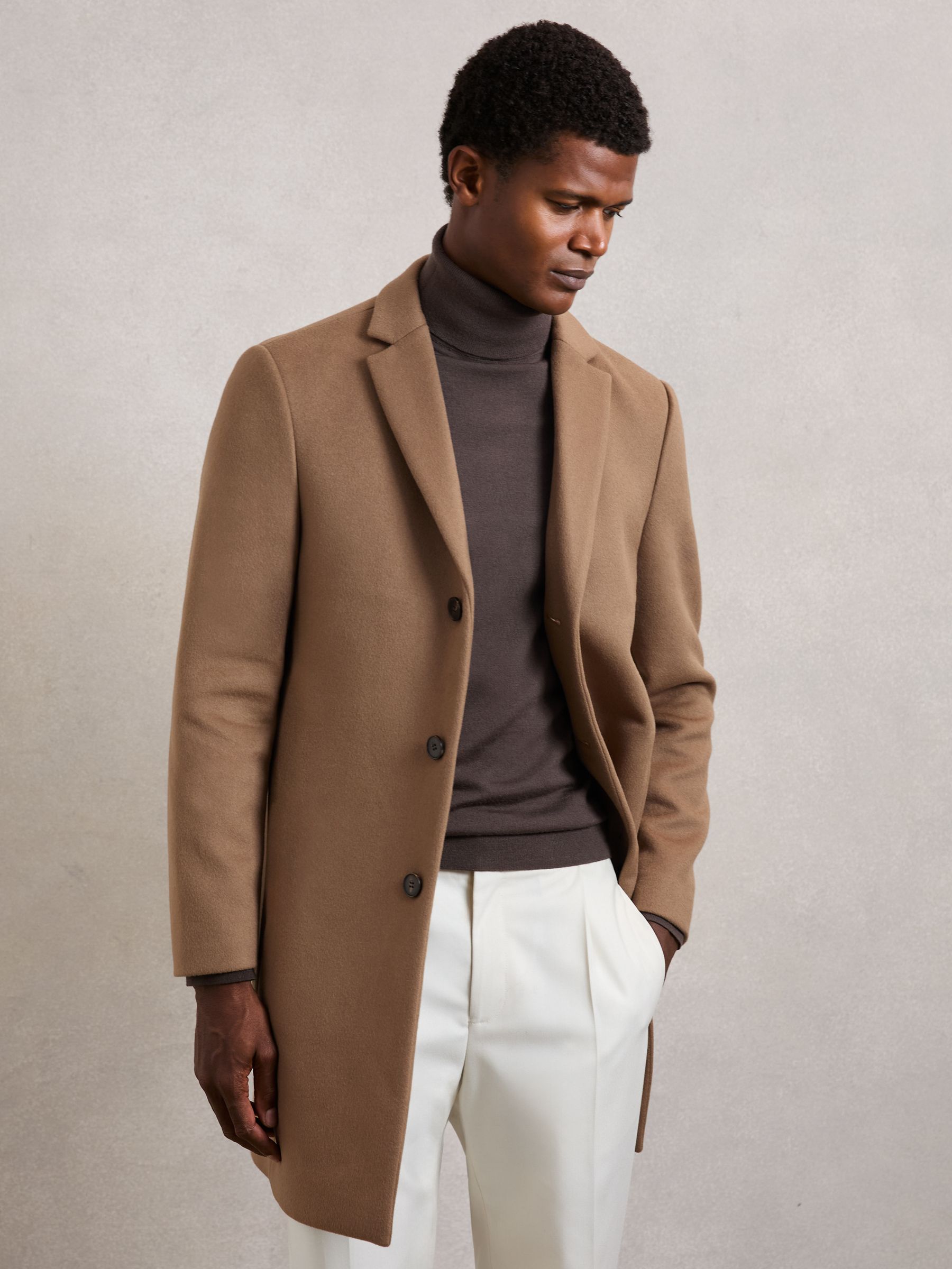 Wool-Blend Single-Breasted Overcoat in Light Brown