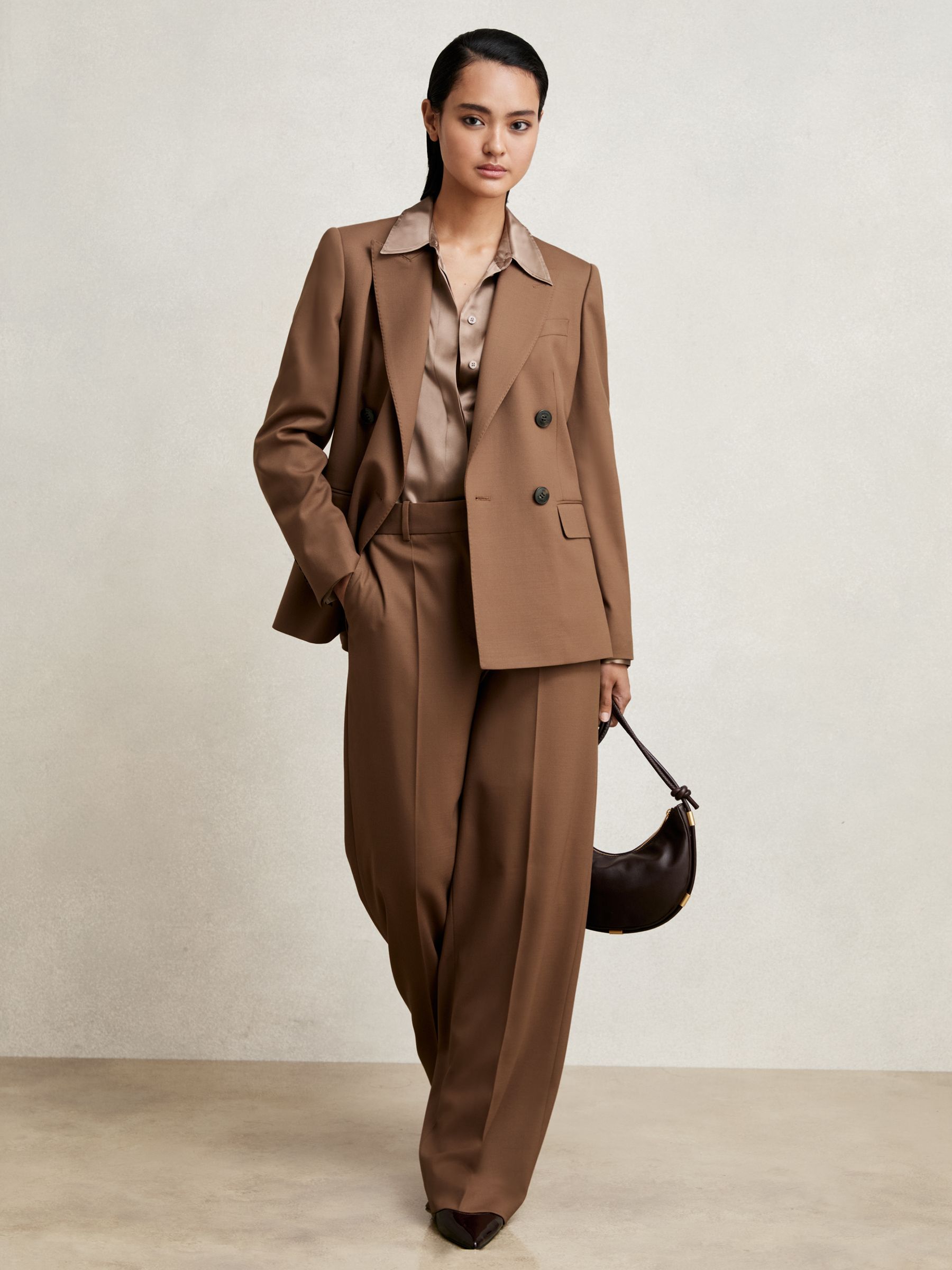 Wool-Blend Wide-Leg Suit Trousers in Tan