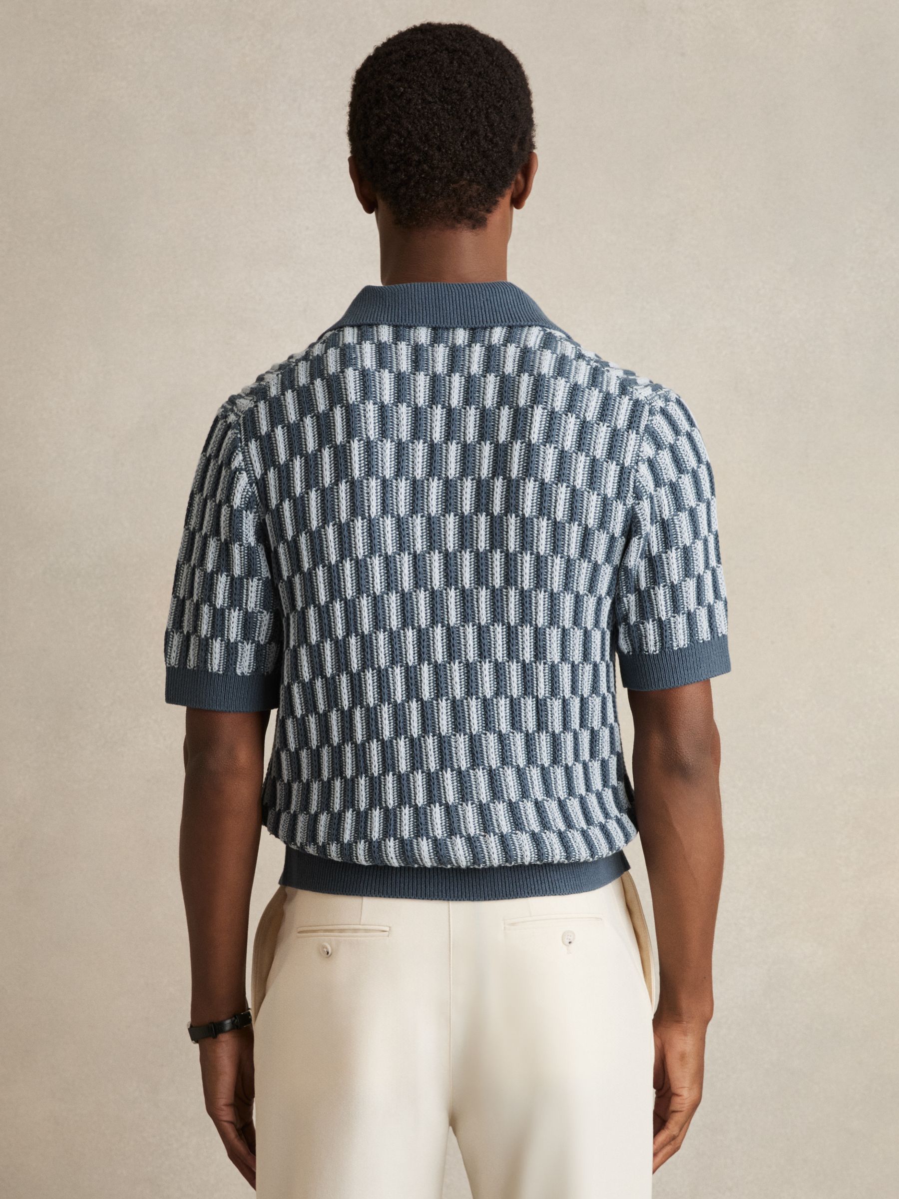 Cotton Checkerboard-Knit Shirt in Airforce Blue/Soft Blue