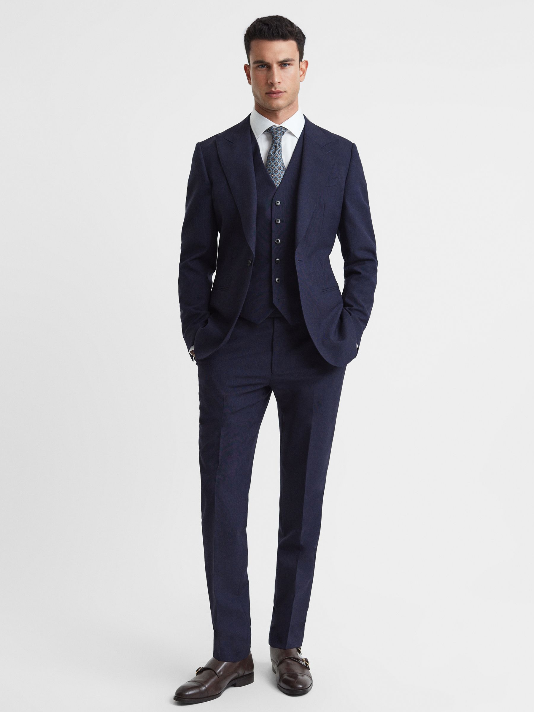 Classic Slim Fit Wool Horseshoe Waistcoat in Navy