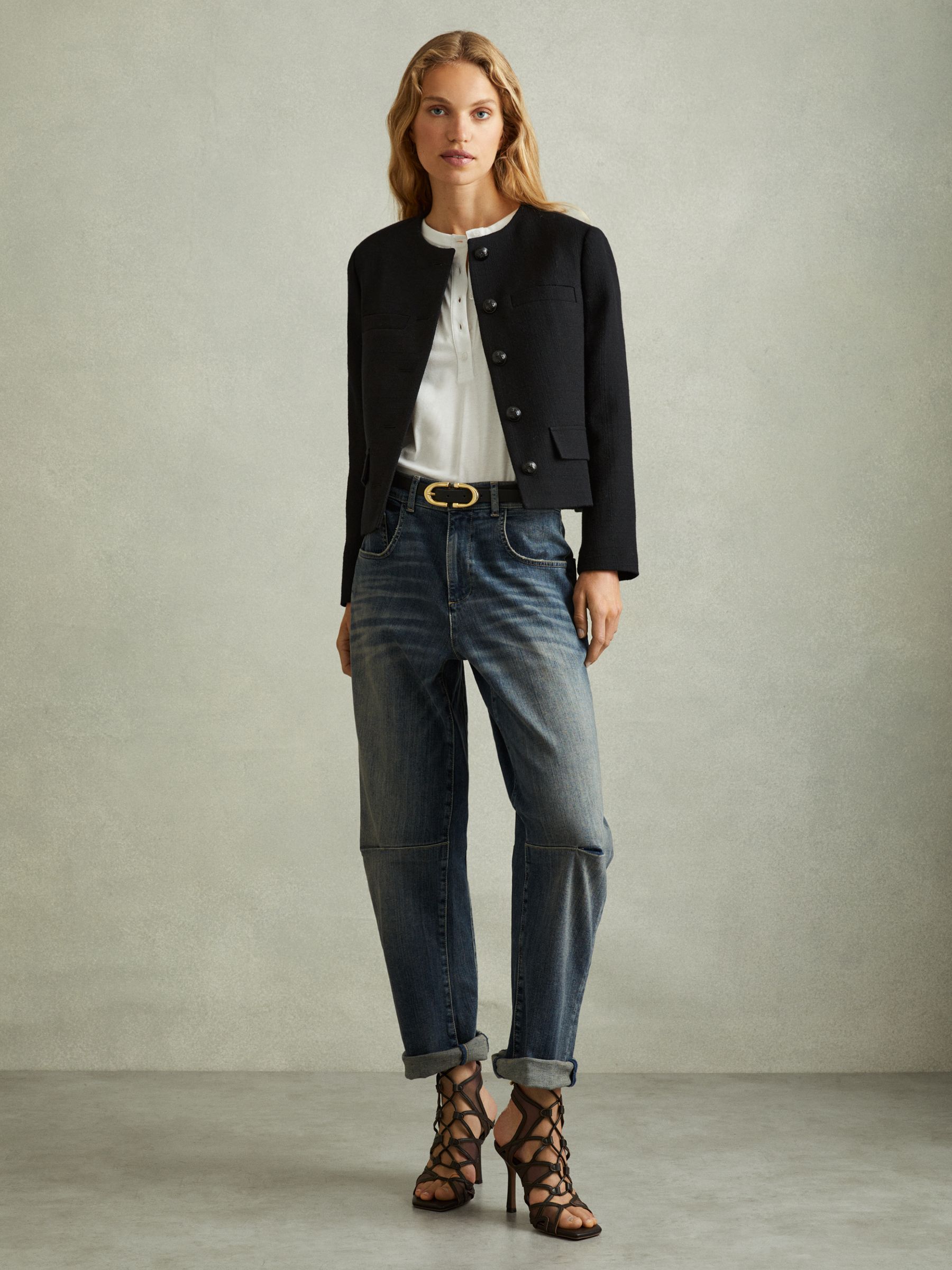 Cropped Wool Single Breasted Jacket in Black