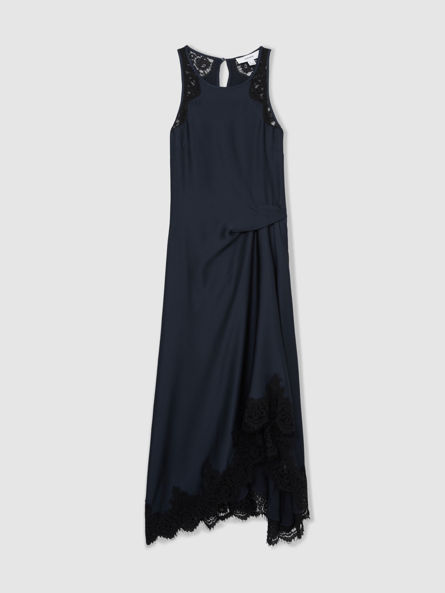 Petite Satin Drape Lace-Trim Dress in Navy