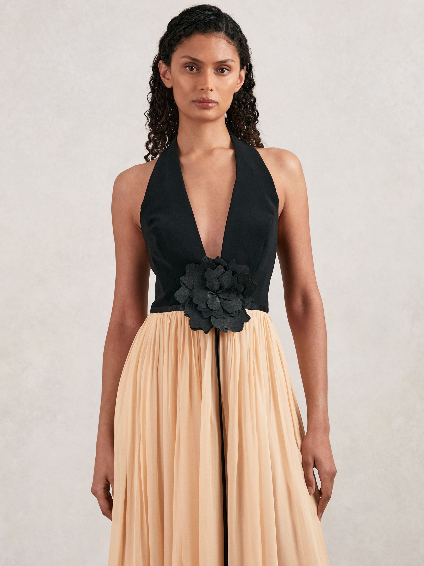 Halston Crepe and Chiffon Maxi Dress in Black/Ivory