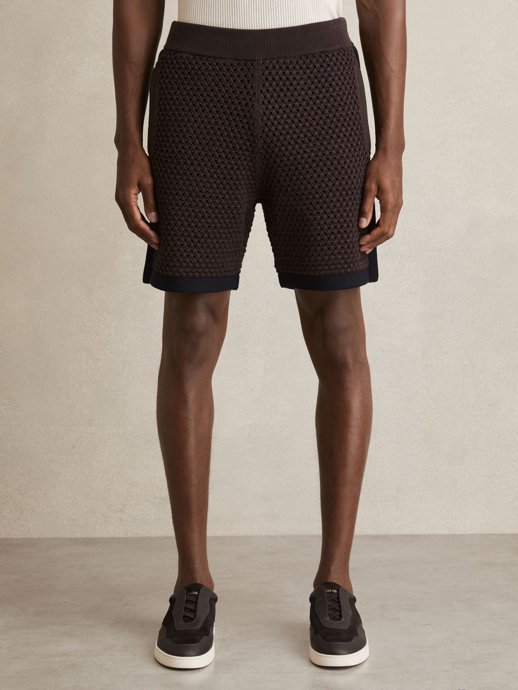 Cotton-Blend Crochet Shorts in Chocolate/Navy