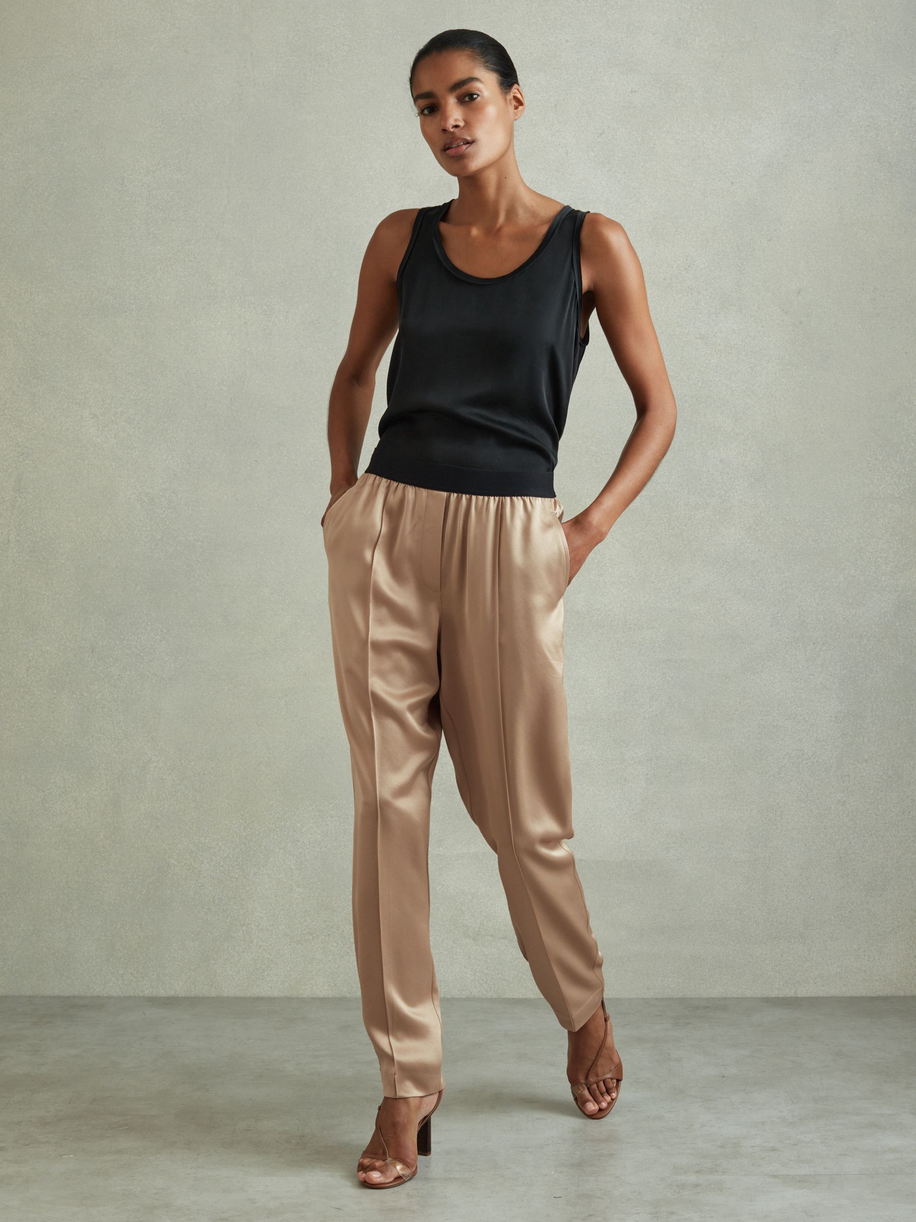 Elea Champagne Satin Elasticated Tapered Trousers
