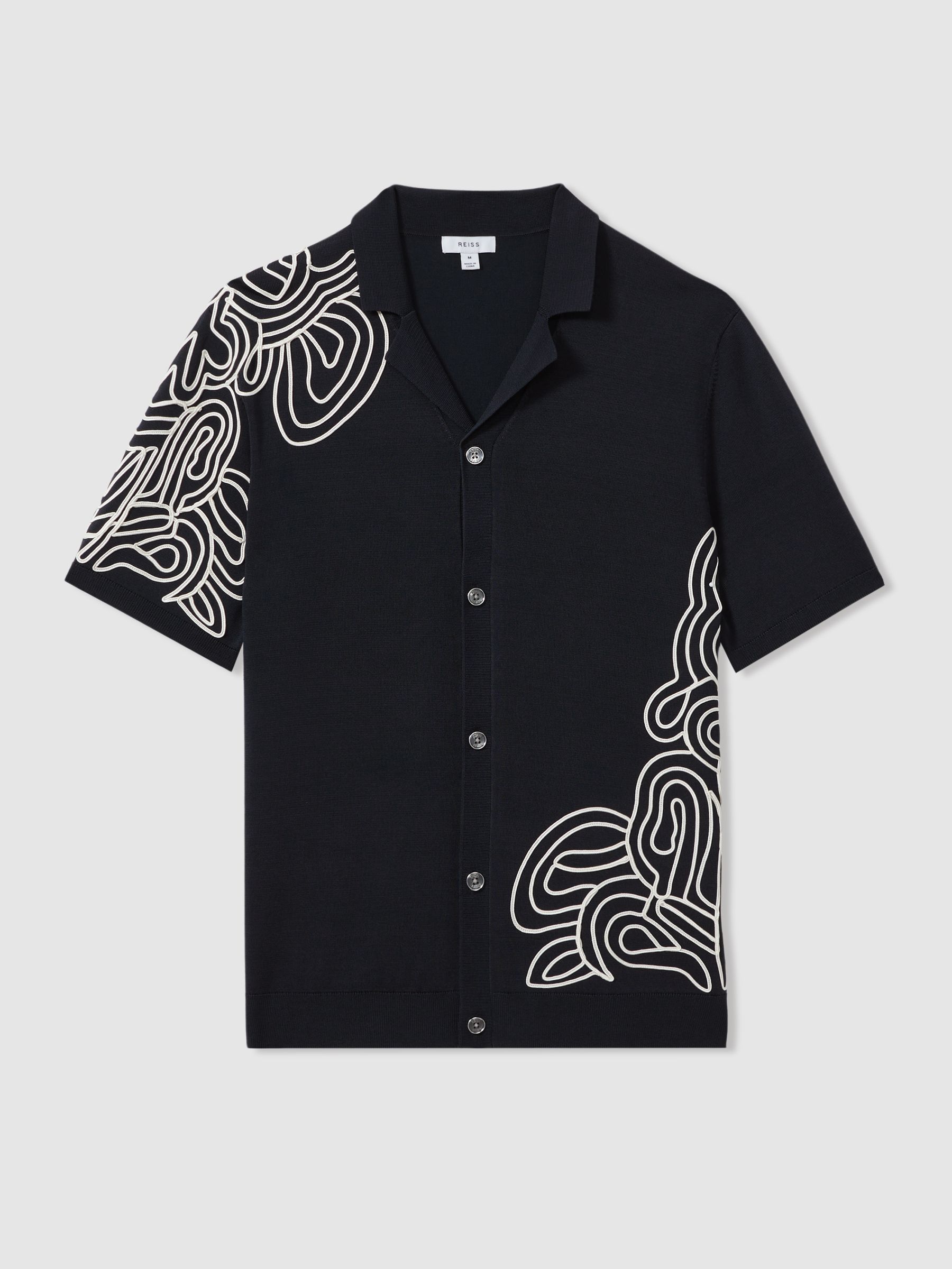 Jersey Embroidered Cuban Collar Shirt in Navy