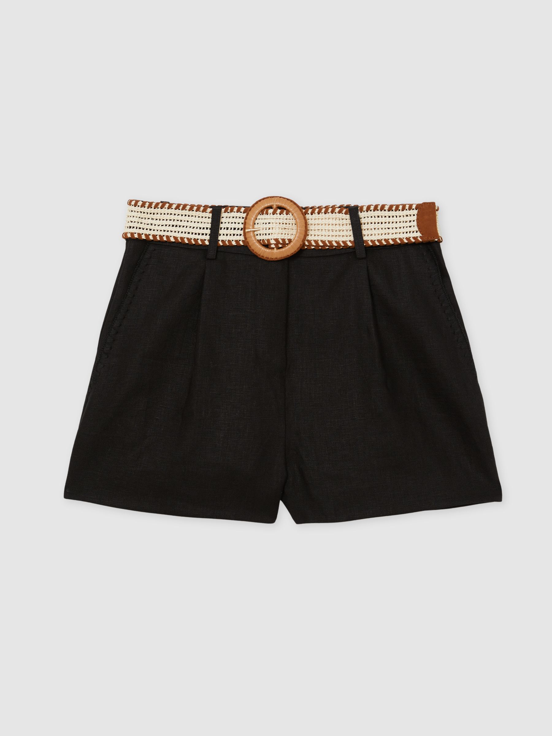 Linen Pleat-Front Belted Shorts in Black