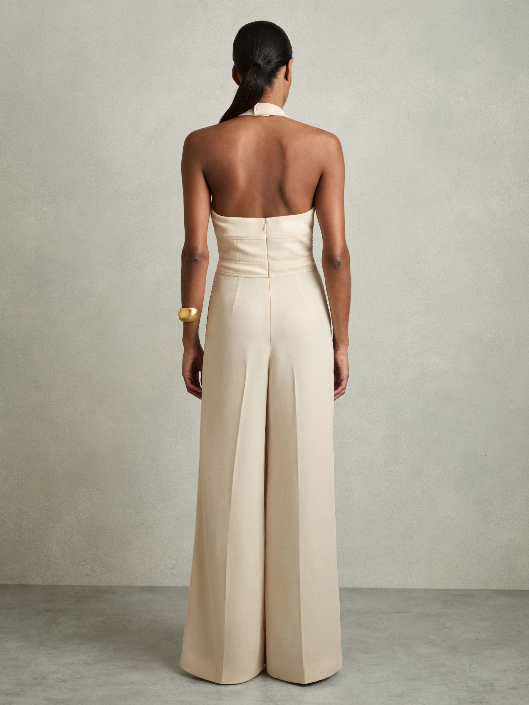 Embroidery Halterneck Wide-Leg Jumpsuit in Cream
