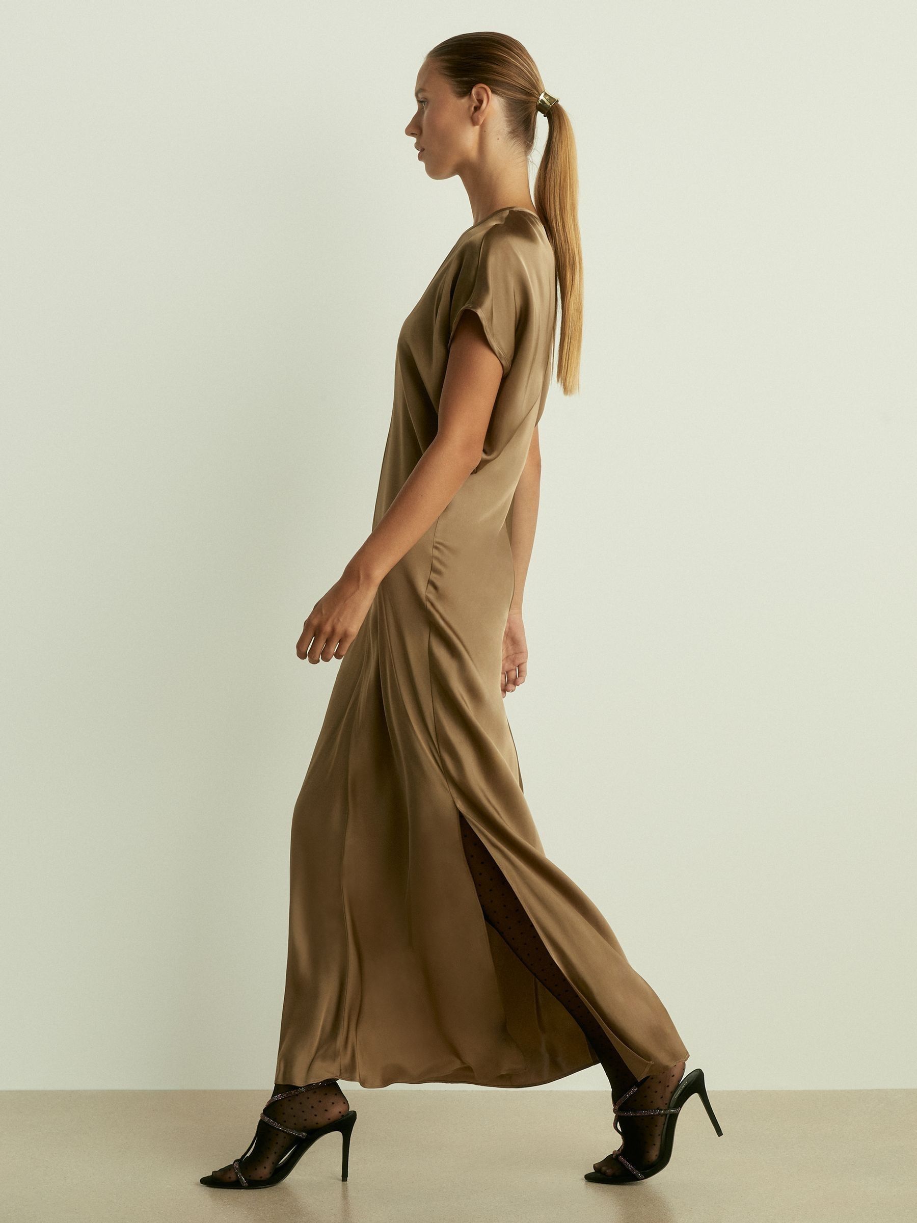 Satin Short-Sleeve Midi Dress in Khaki