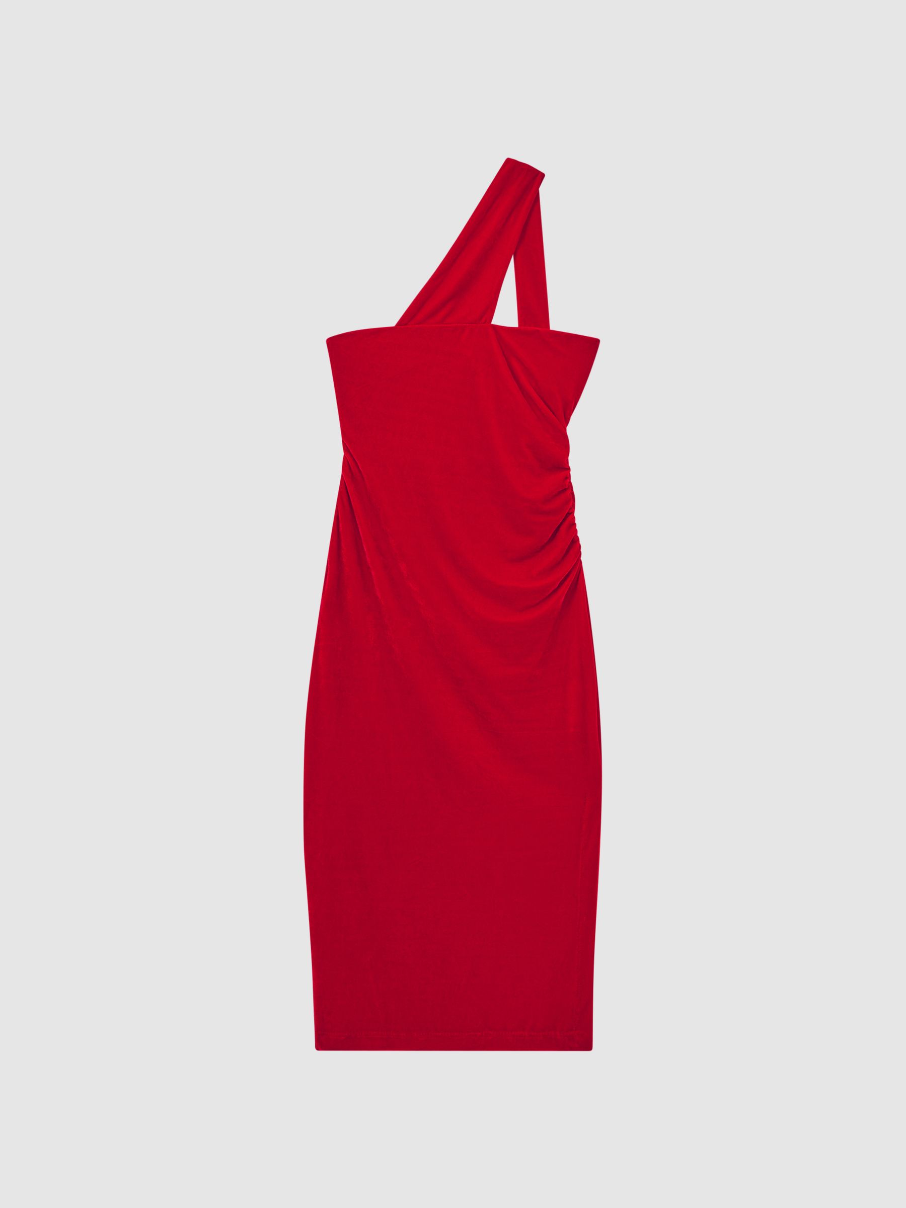 Velvet One-Shoulder Midi Dress in Red