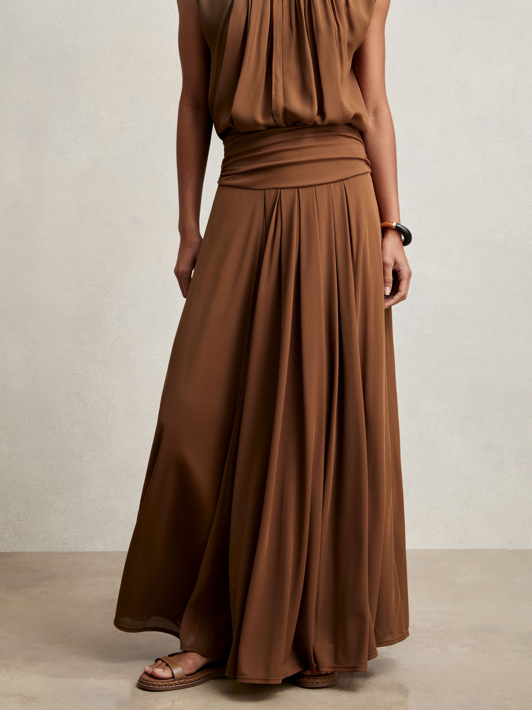 Jersey Ruched-Waist Maxi Skirt in Tan Brown