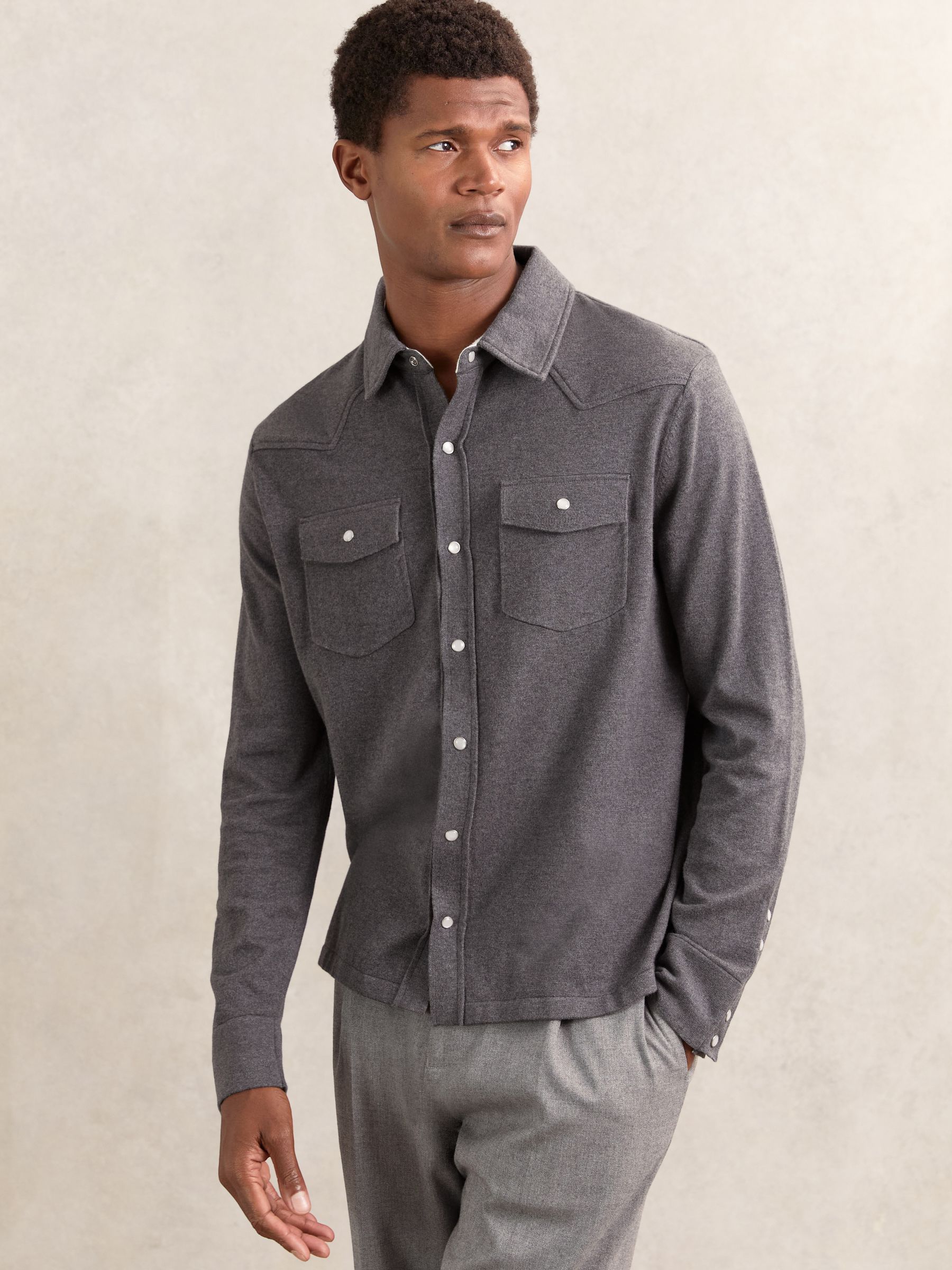 Cotton-Cashmere Western Knitted Shirt in Charcoal Grey