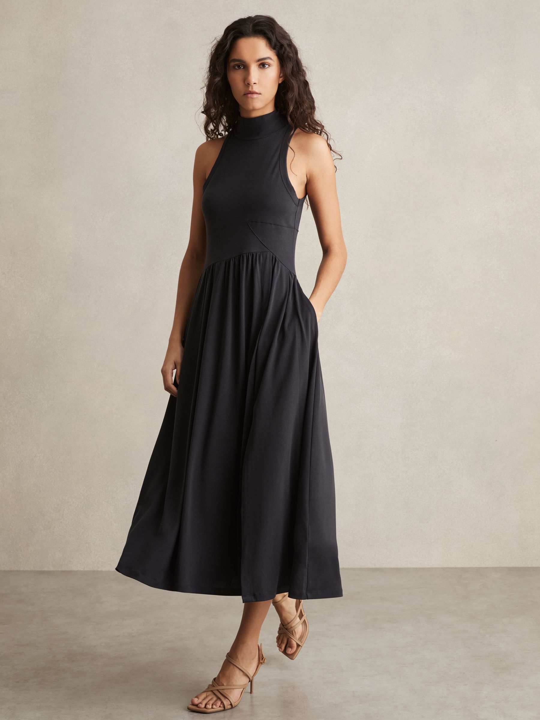Jersey Sleeveless Midi Dress in Navy