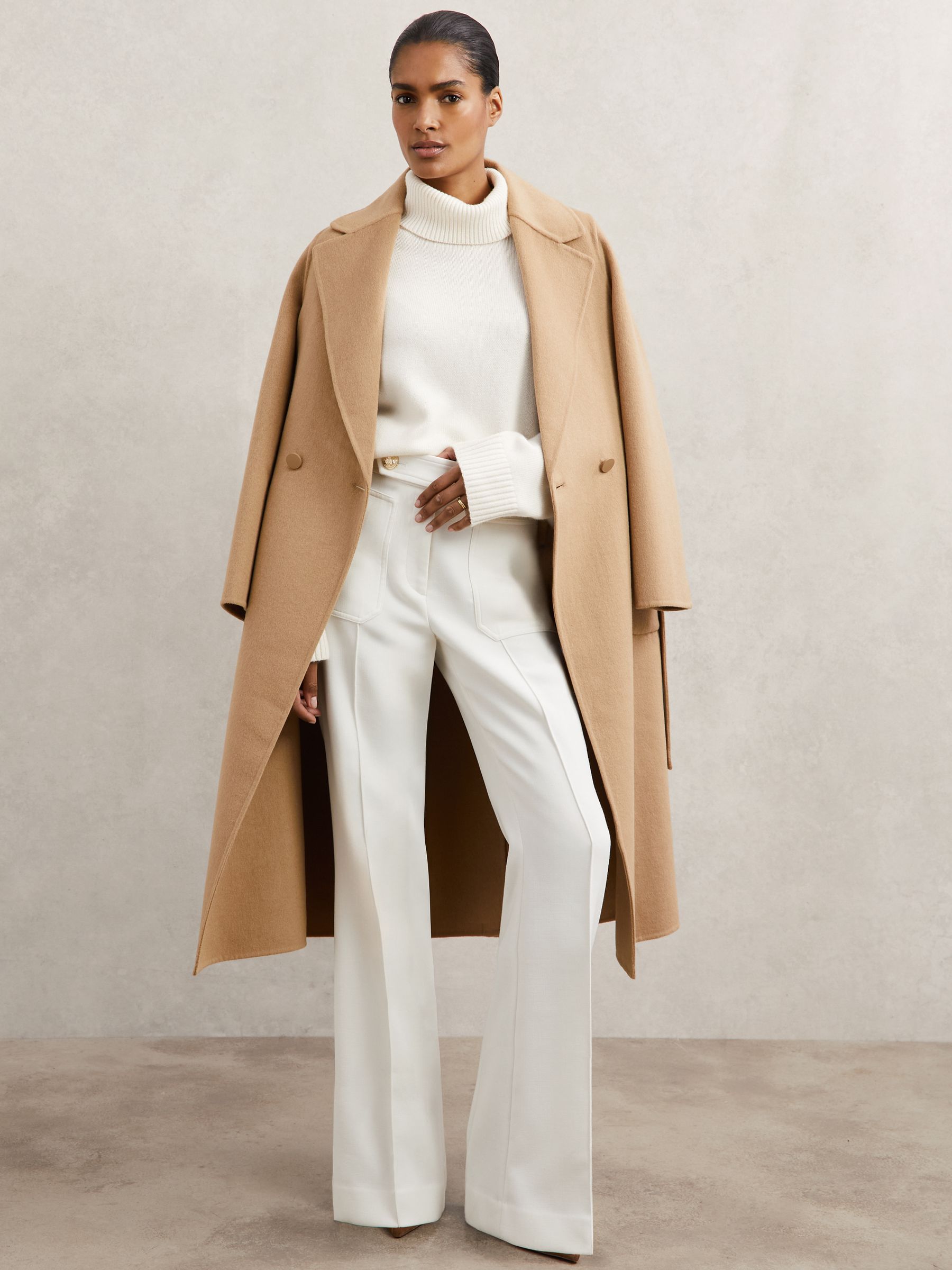 Petite Twill Button-Tab Flared Trousers With Wool in White