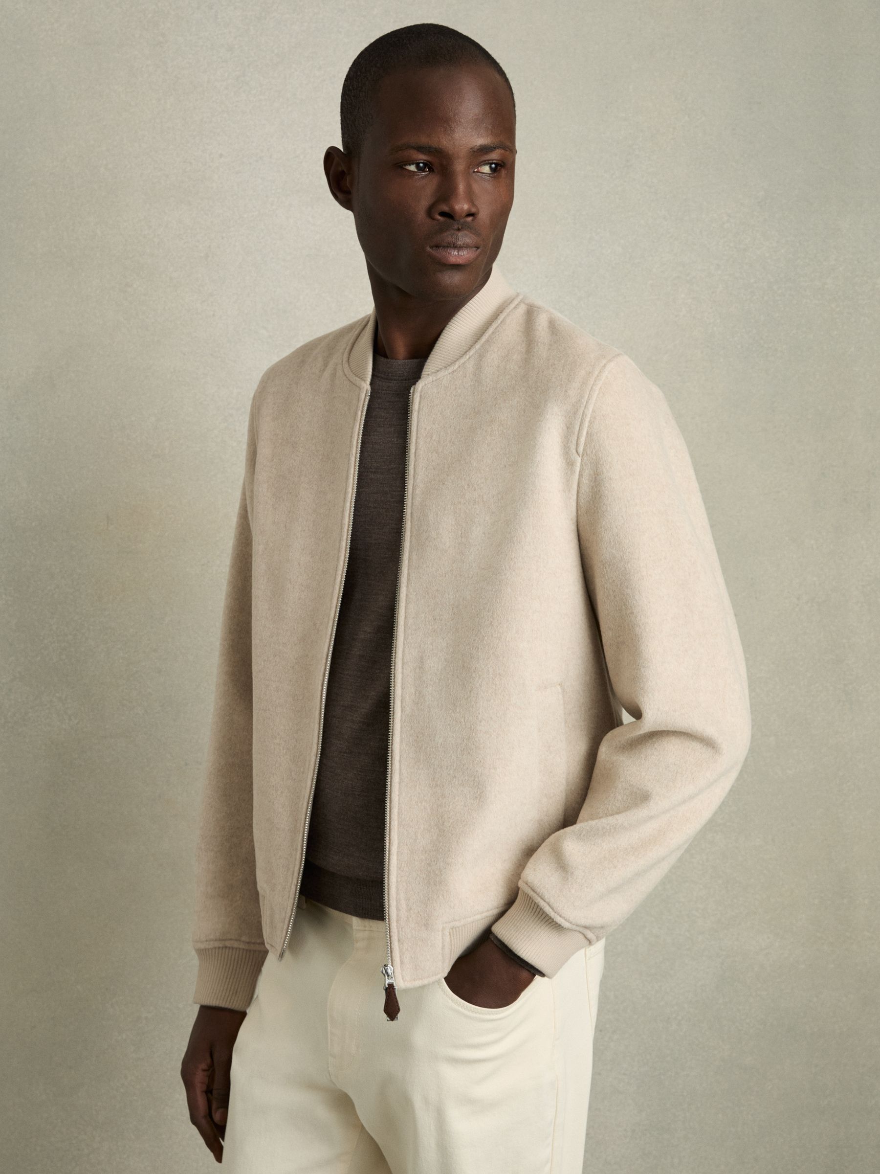 Brushed Wool-Blend Bomber Jacket in Stone
