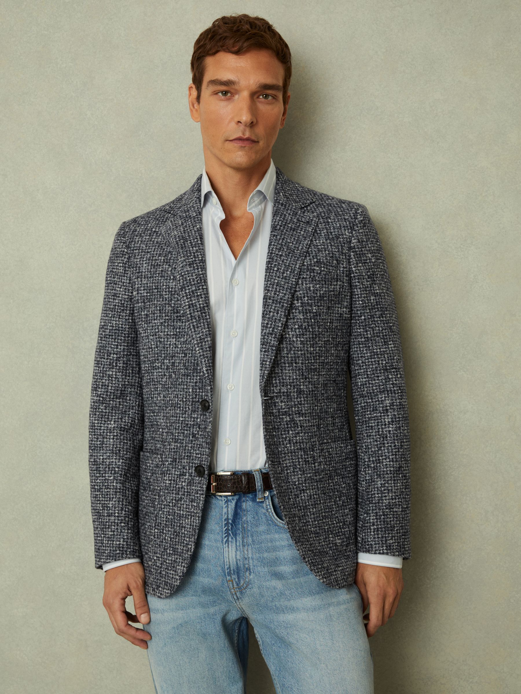 Tweed Single-Breasted Blazer with Wool in Navy/Grey