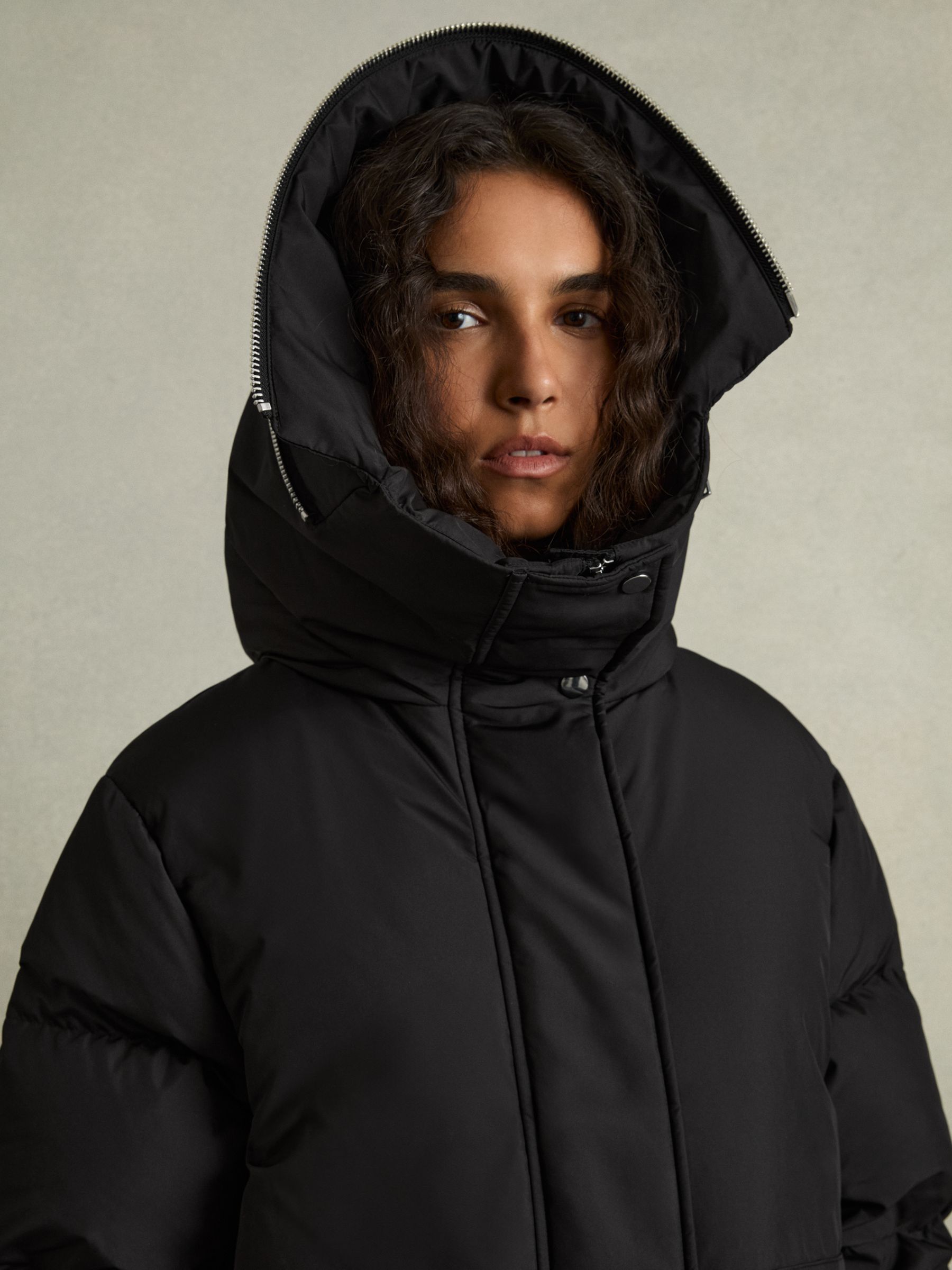 Petite Concealed-Hood Puffer Coat in Black