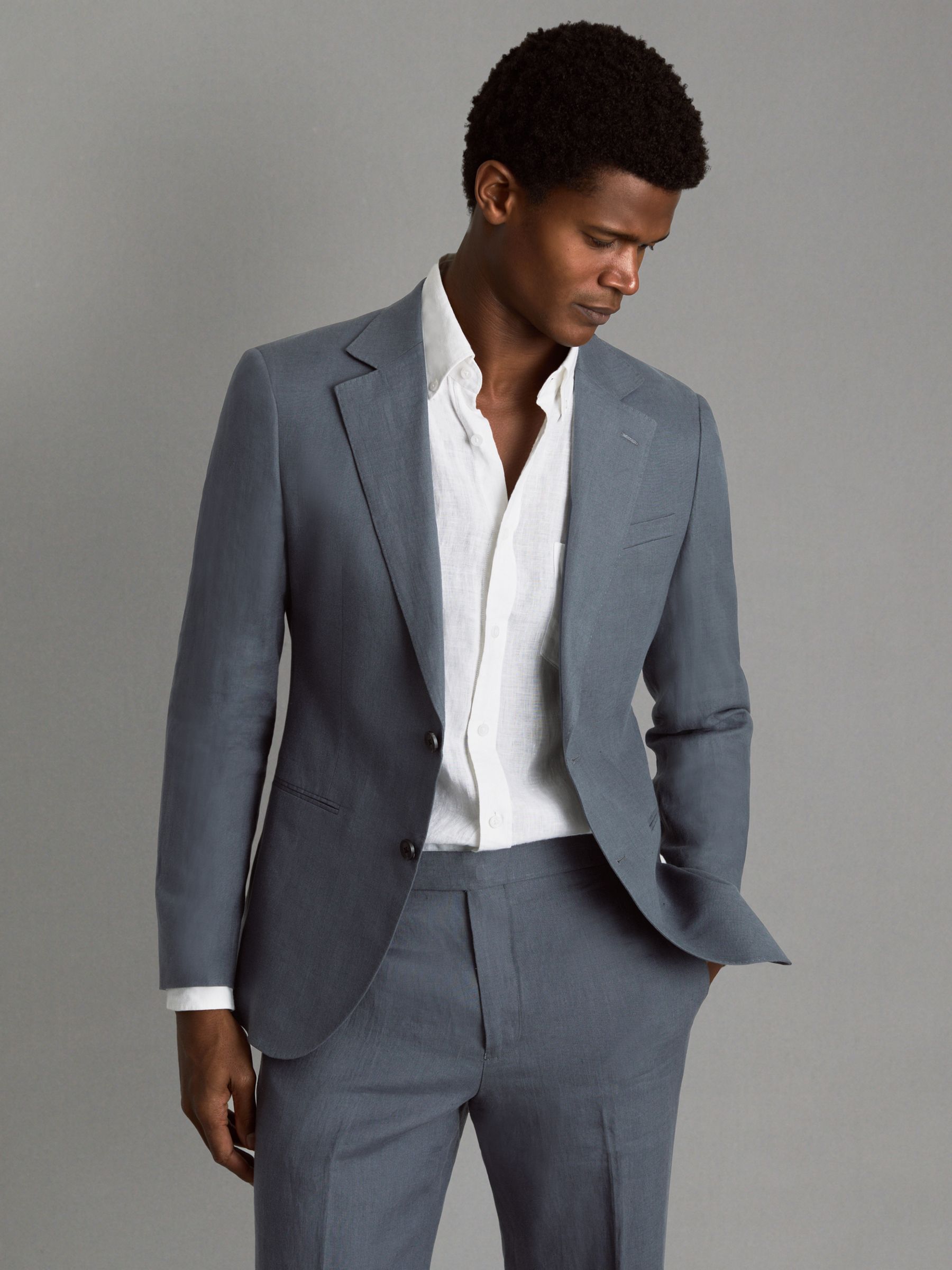 Single-Breasted Linen Suit Blazer Slim Fit in Airforce Blue