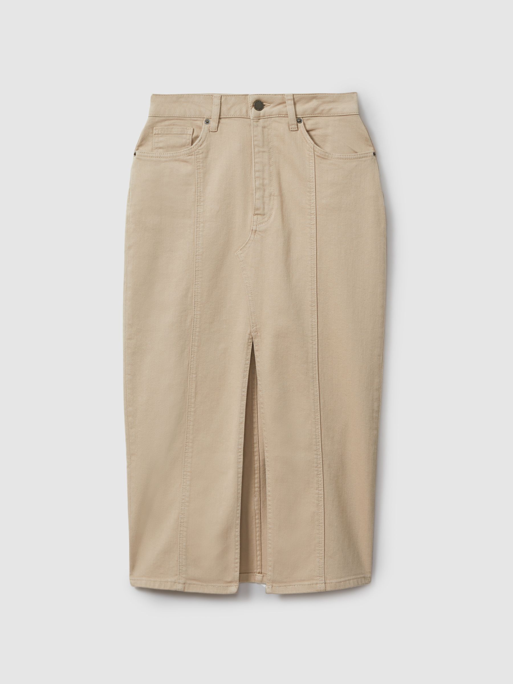 High Rise Denim Midi Skirt in Stone