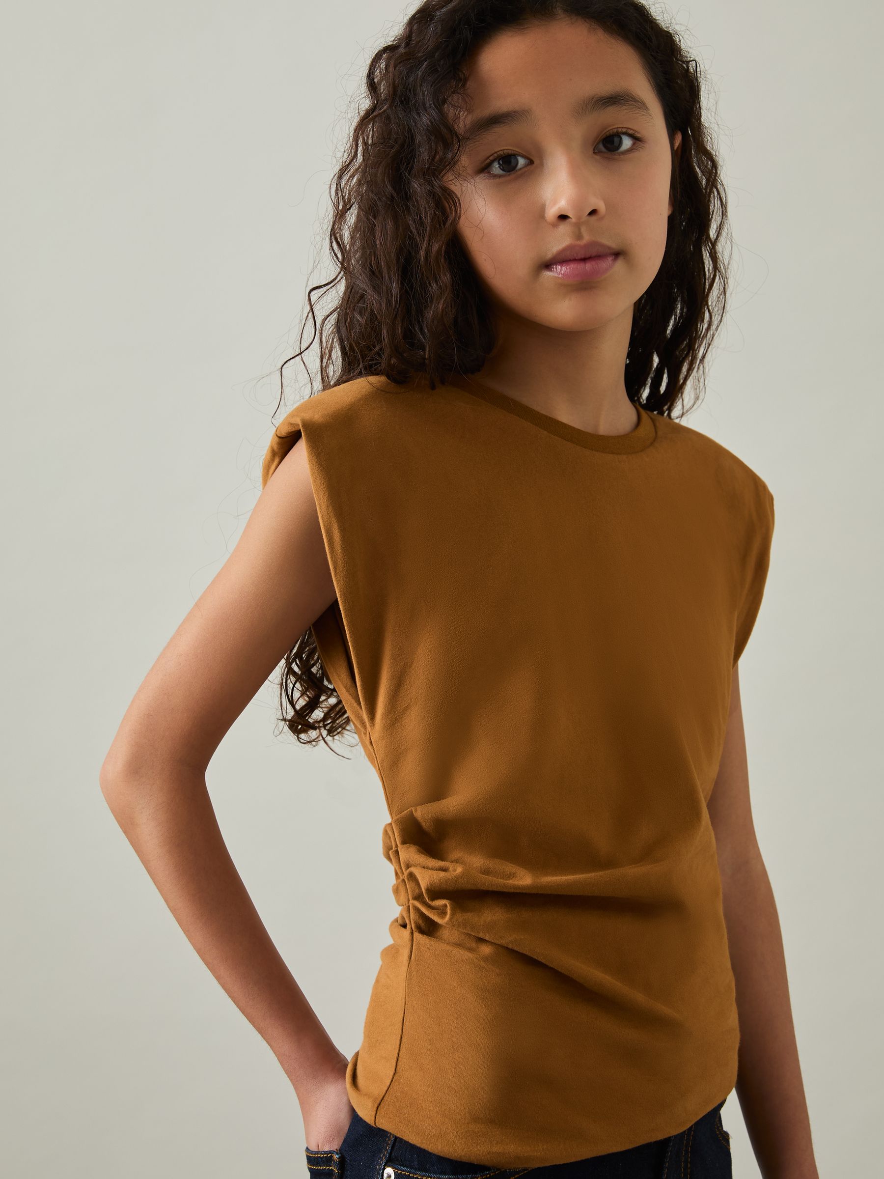 13-14 yrs Cotton-Jersey Cap-Sleeve Ruched Top in Tan