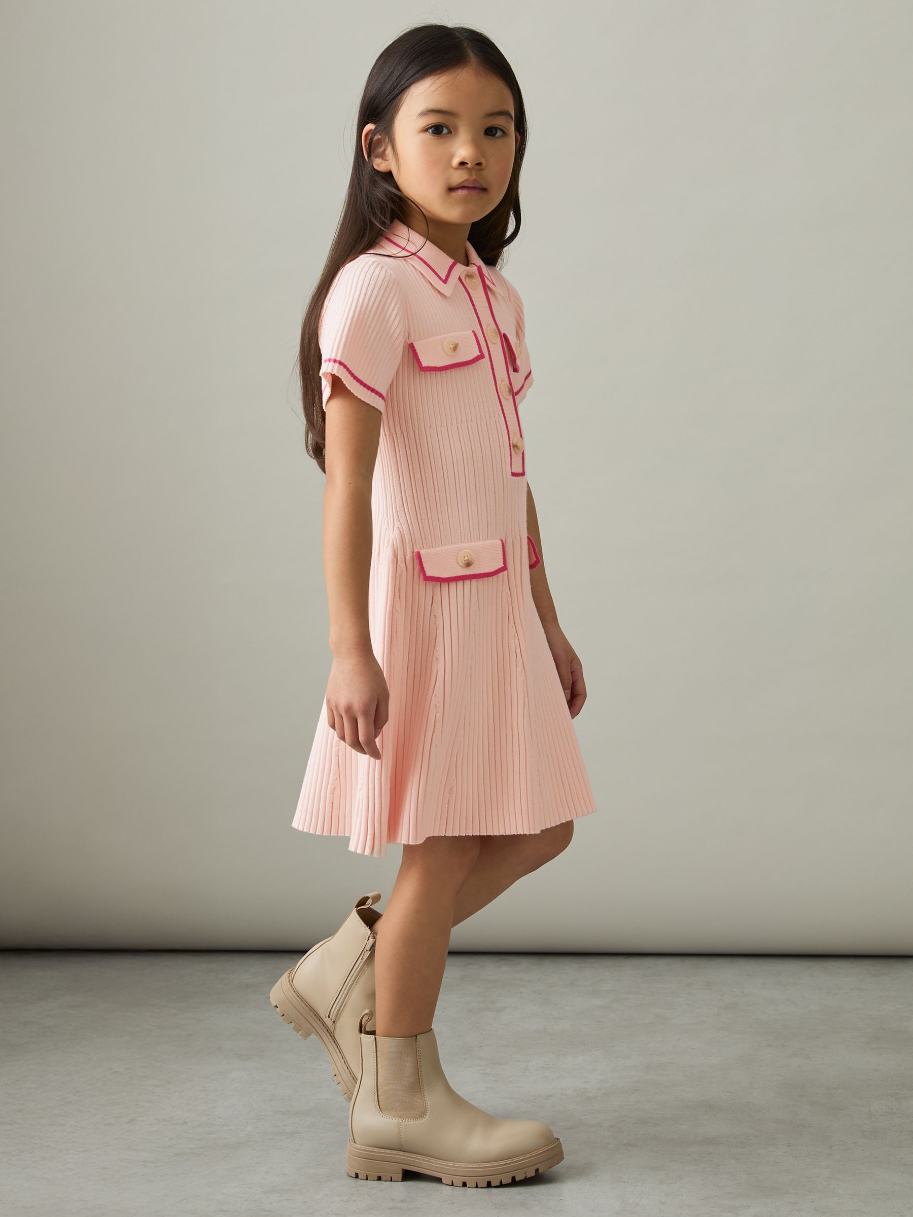 13-14 yrs Rib-Knit Button-Down Dress in Pink