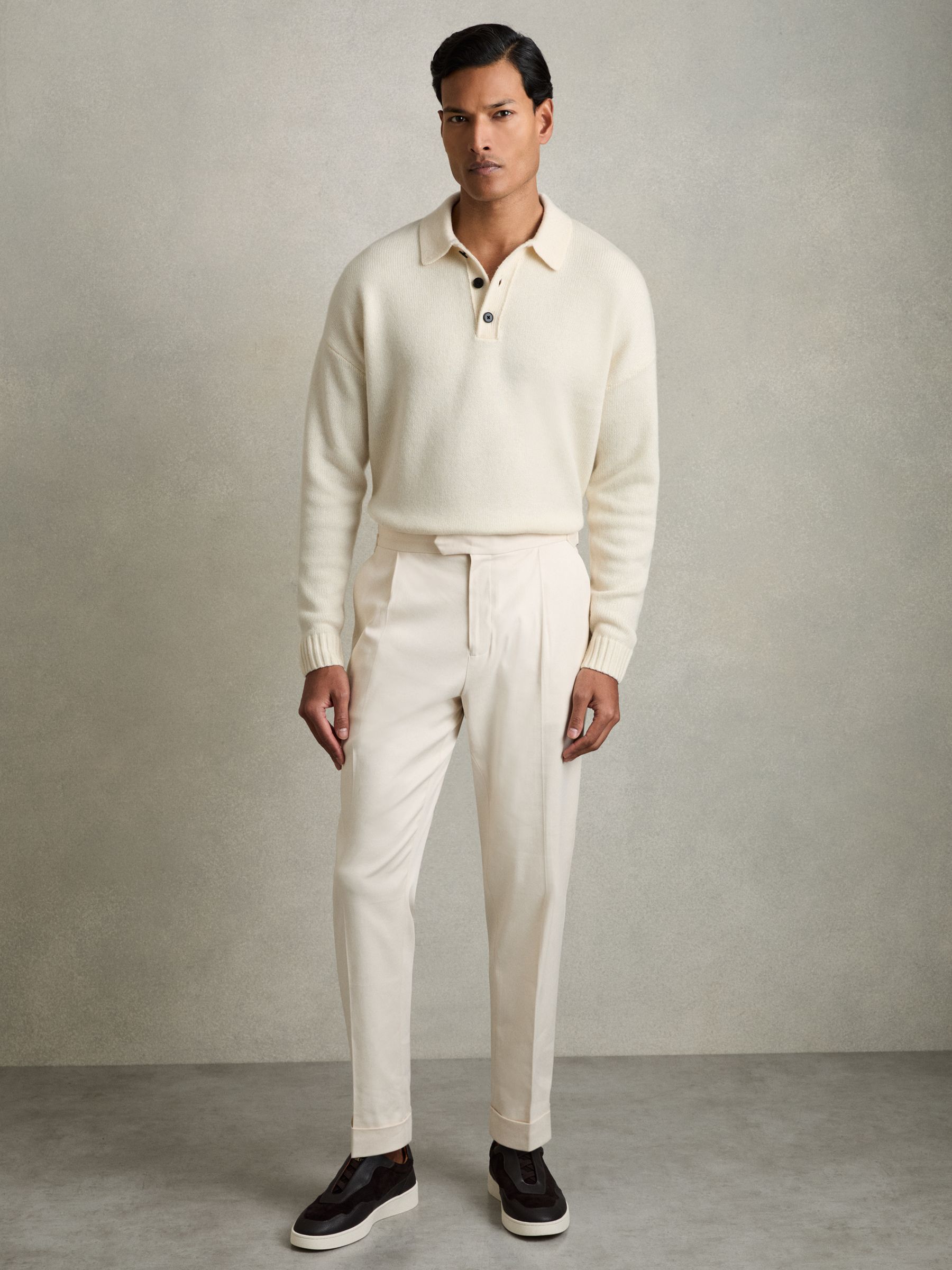 Wool Blend Long Sleeve Polo Shirt in Off White