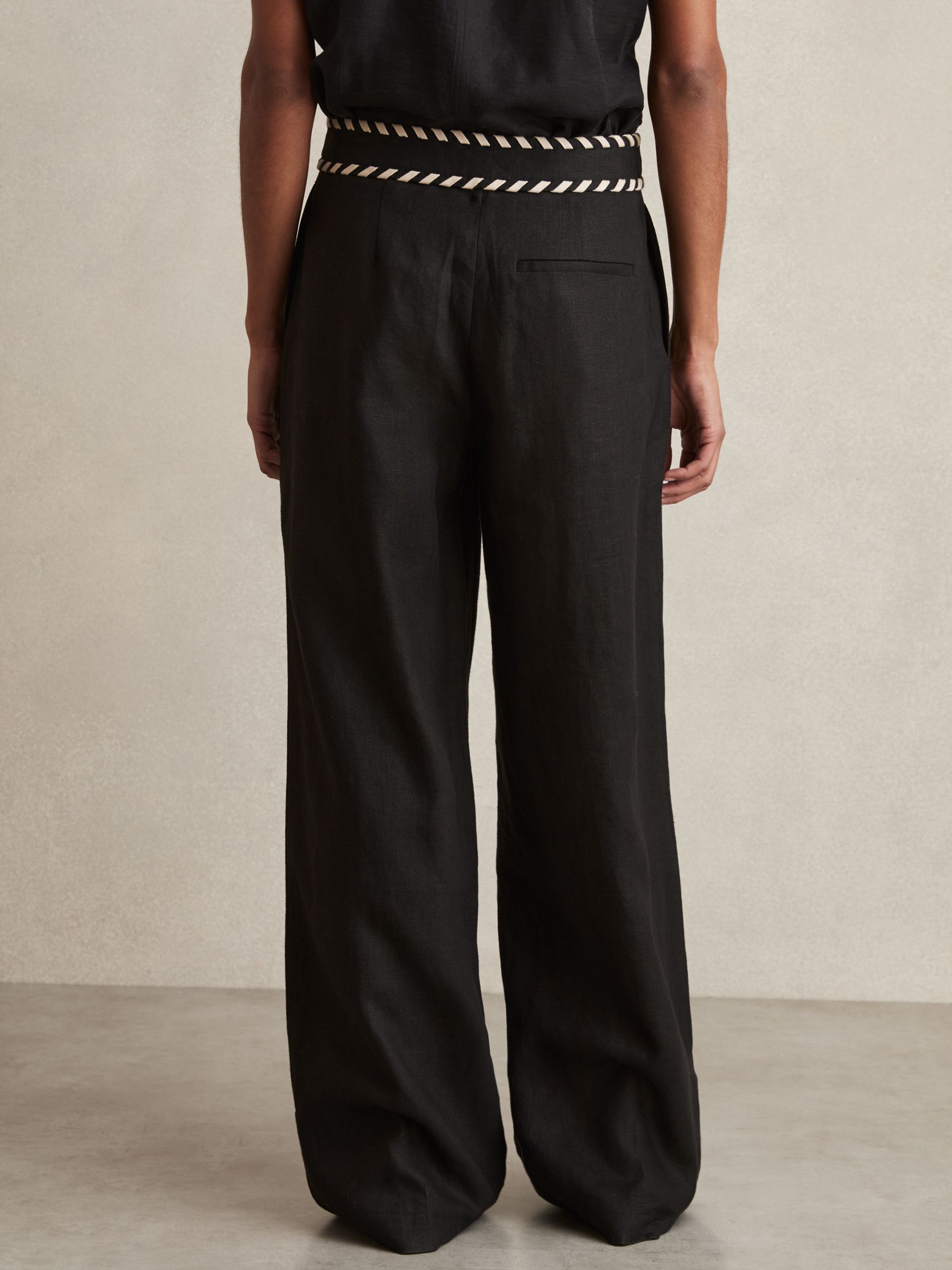 Linen Wide-Leg Whipstitch Trousers in Black