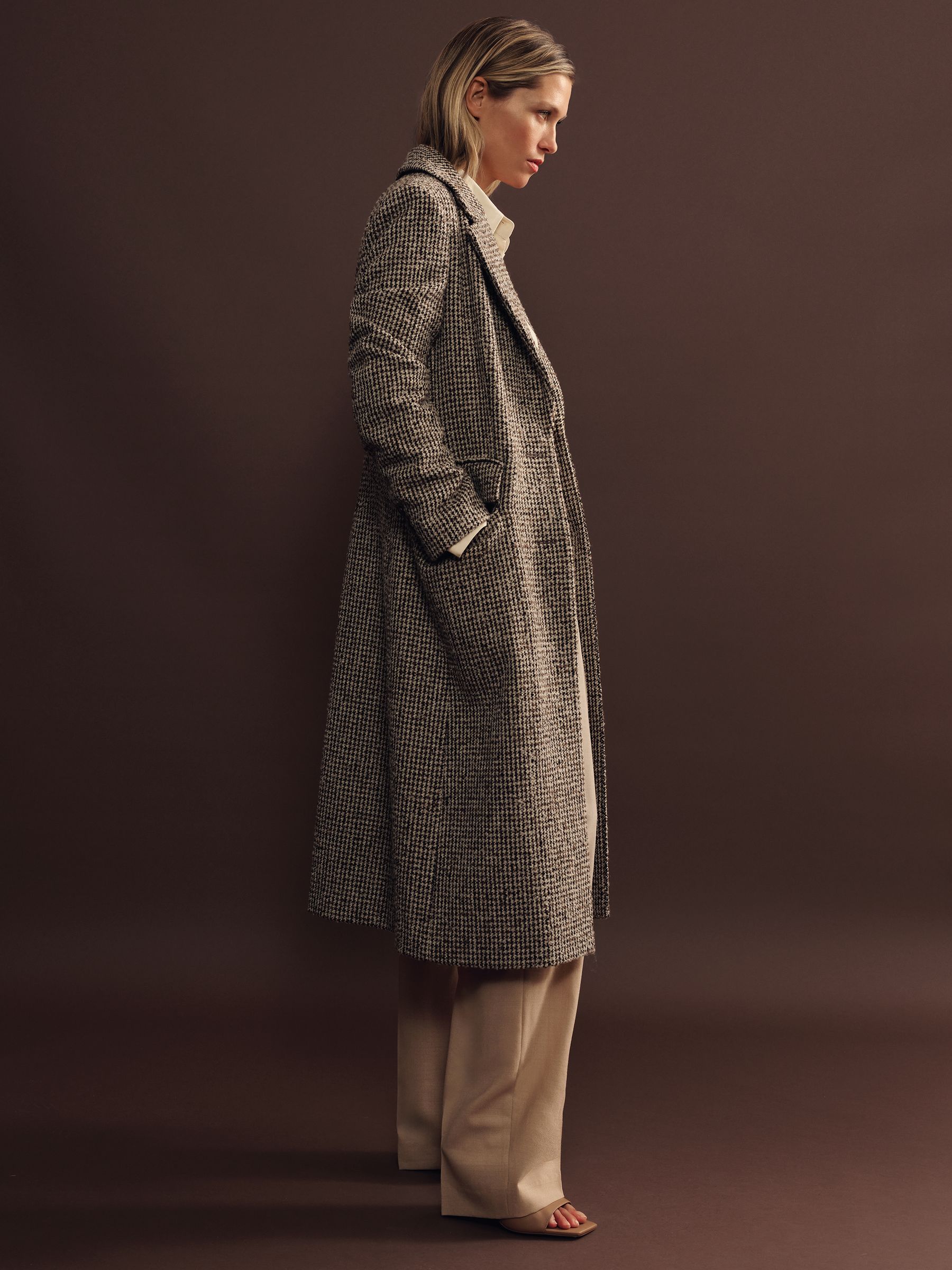 Wool-Blend Houndstooth-Check Coat in Brown Check