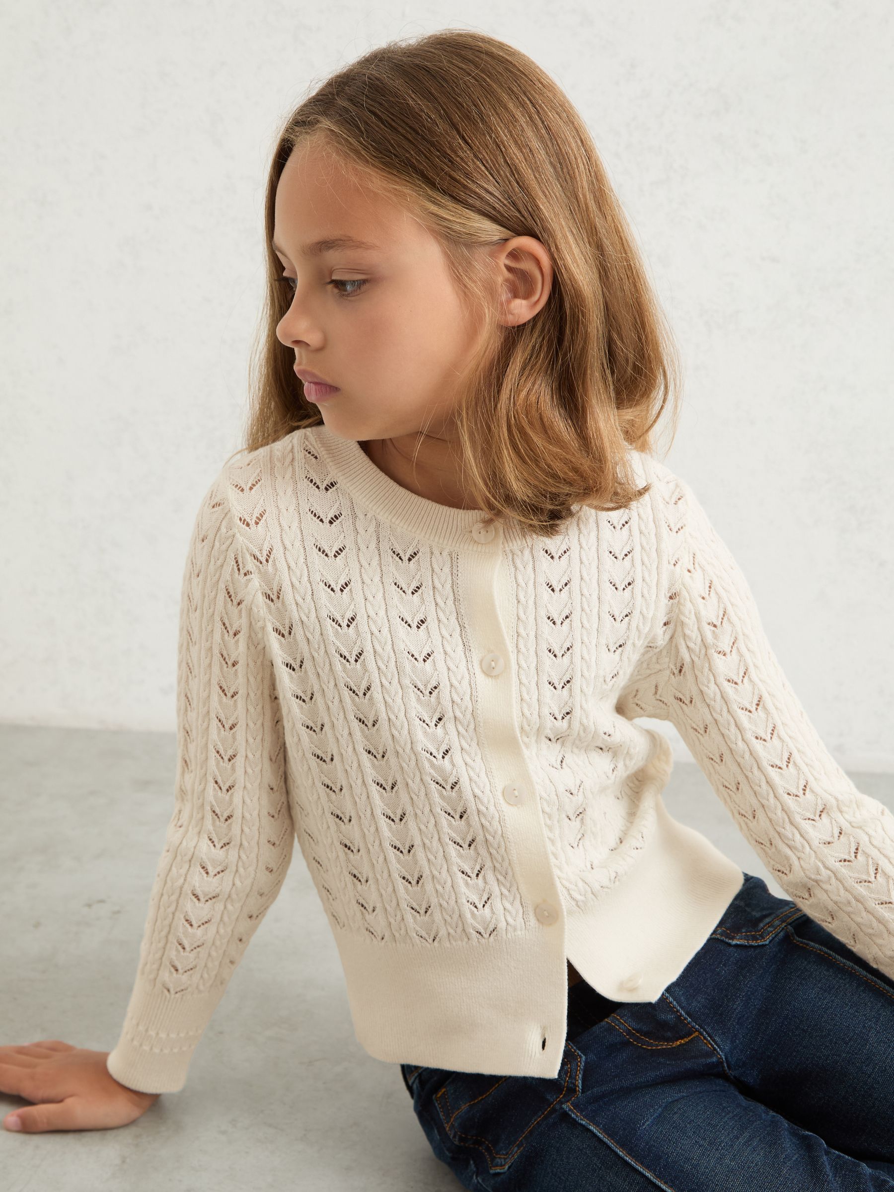 13-14 yrs Wool-Cotton Pointelle Cardigan in Ivory