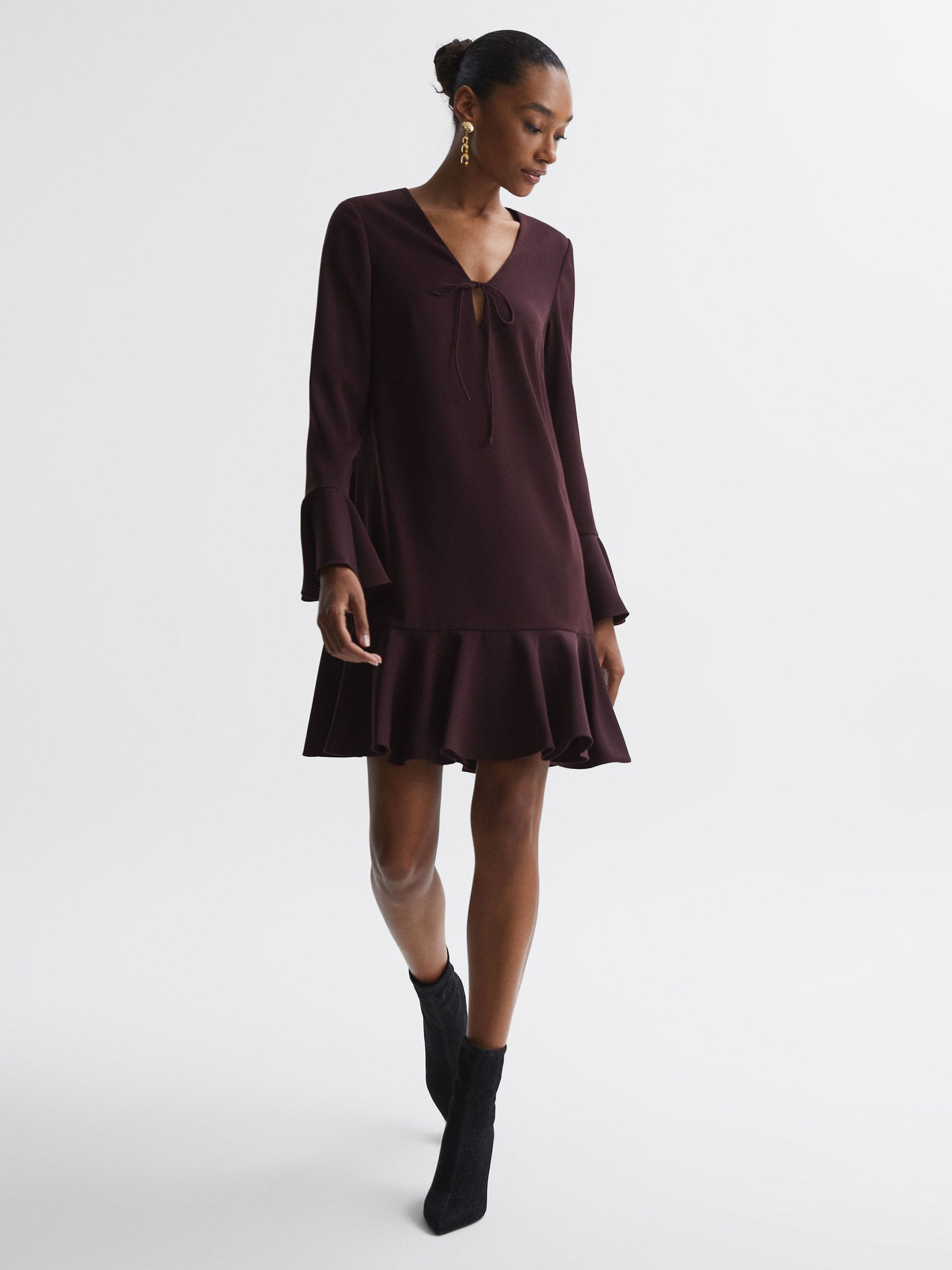 Florere V-Neck Mini Dress in Burgundy