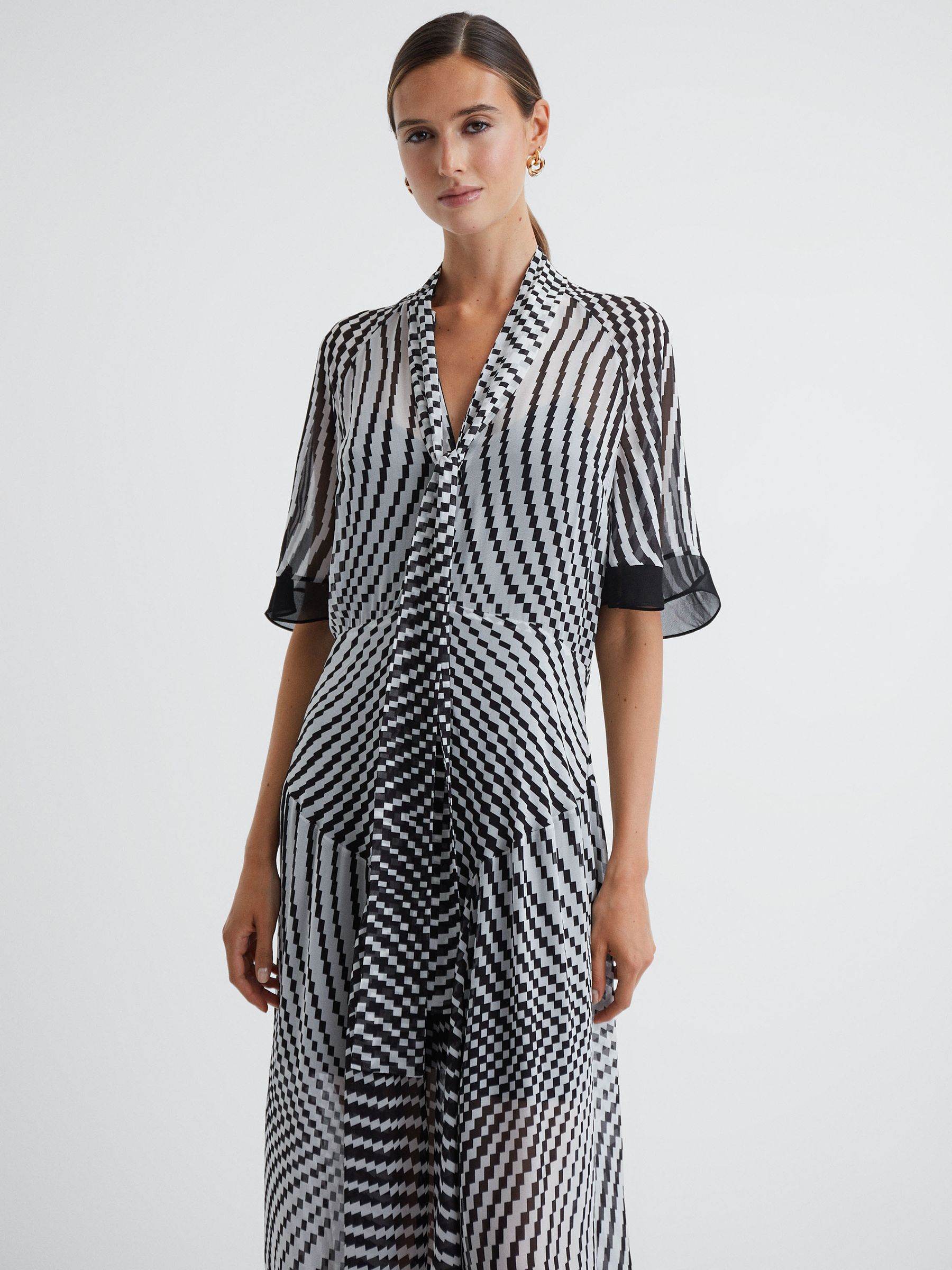 Check Removable Neck Tie Midi Dress in Black/White