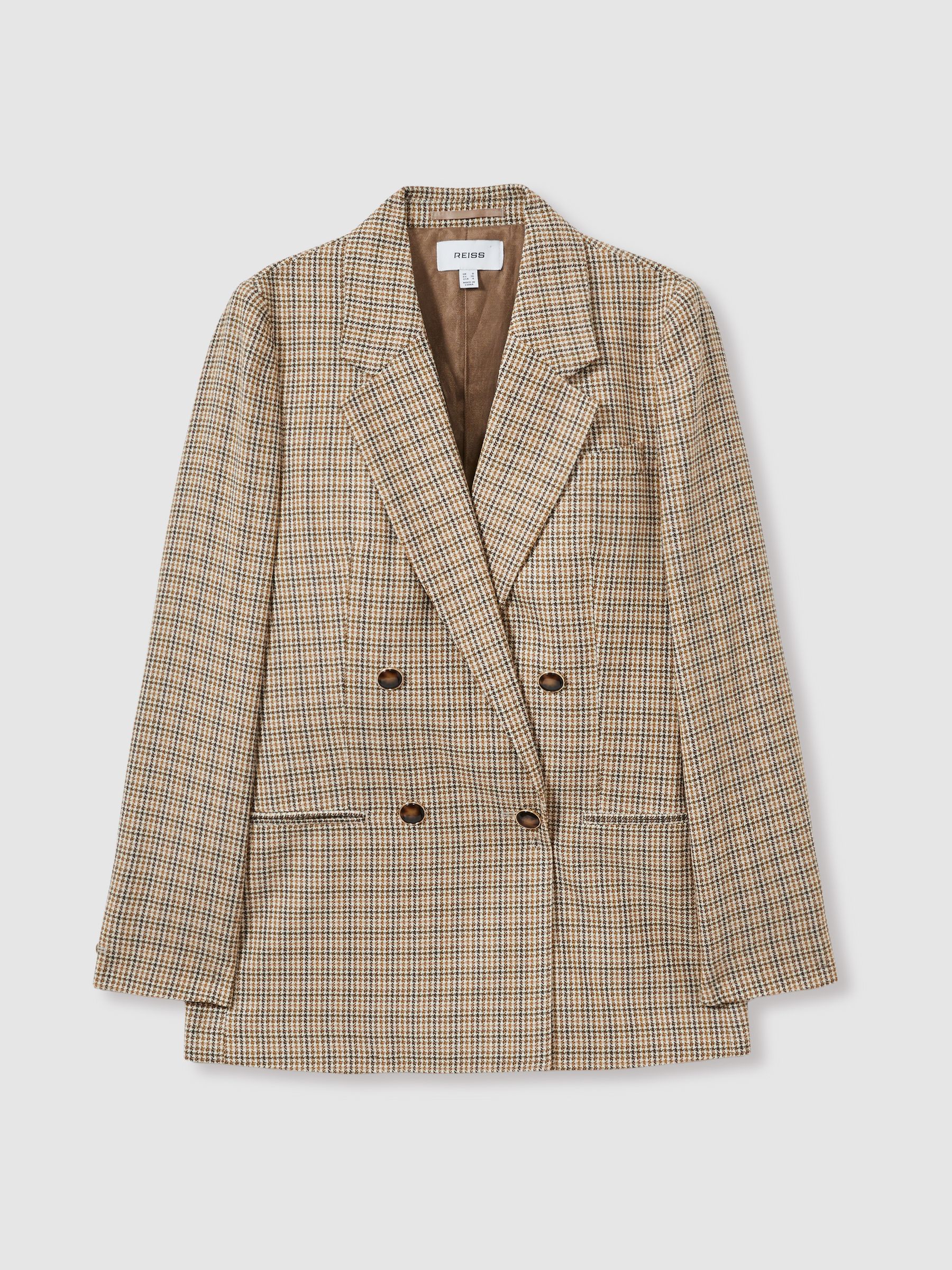 Wool Double-Breasted Houndstooth-Check Blazer in Brown Check