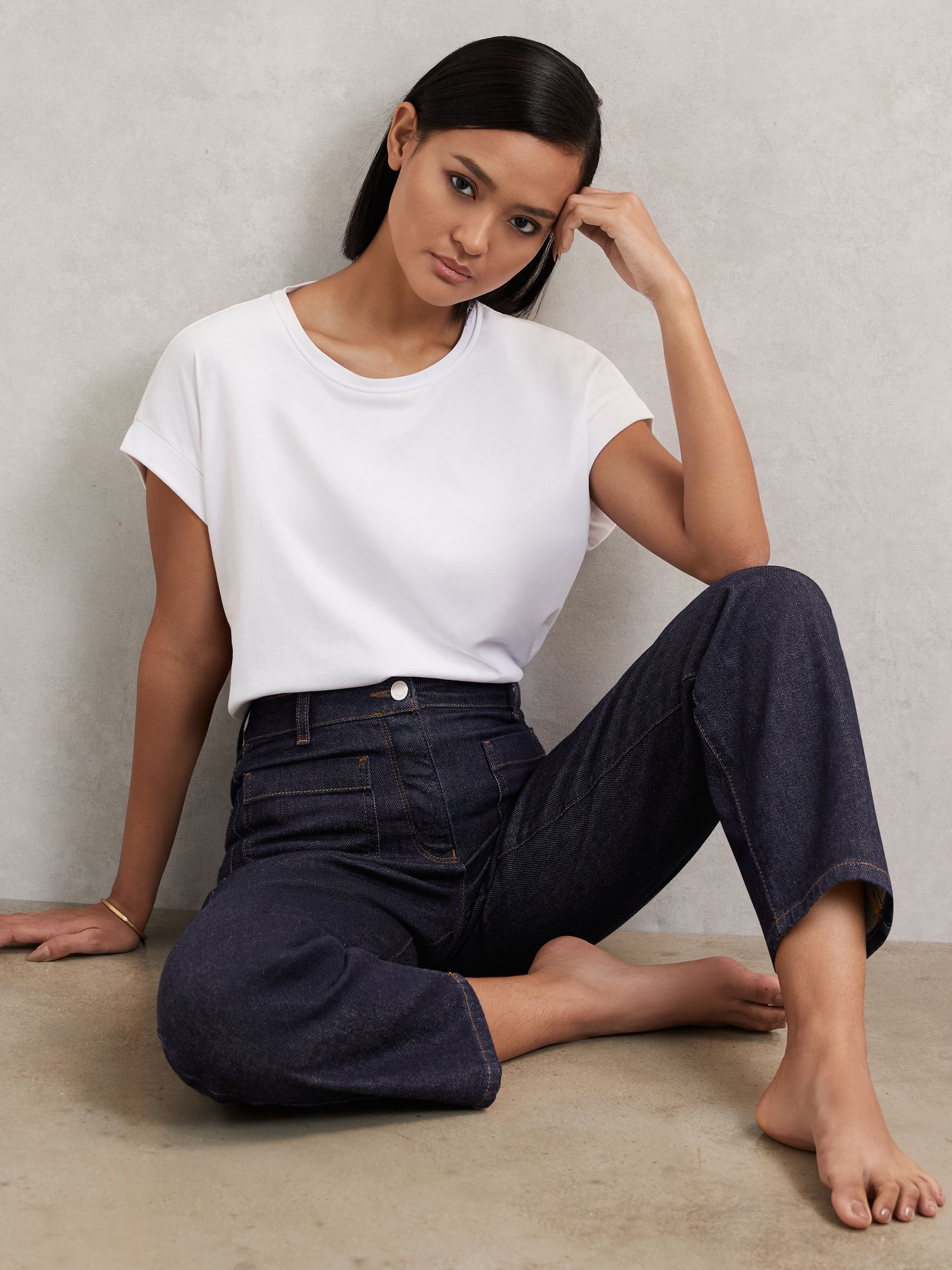 Petite Straight Leg Patch Pocket Jeans in Dark Blue