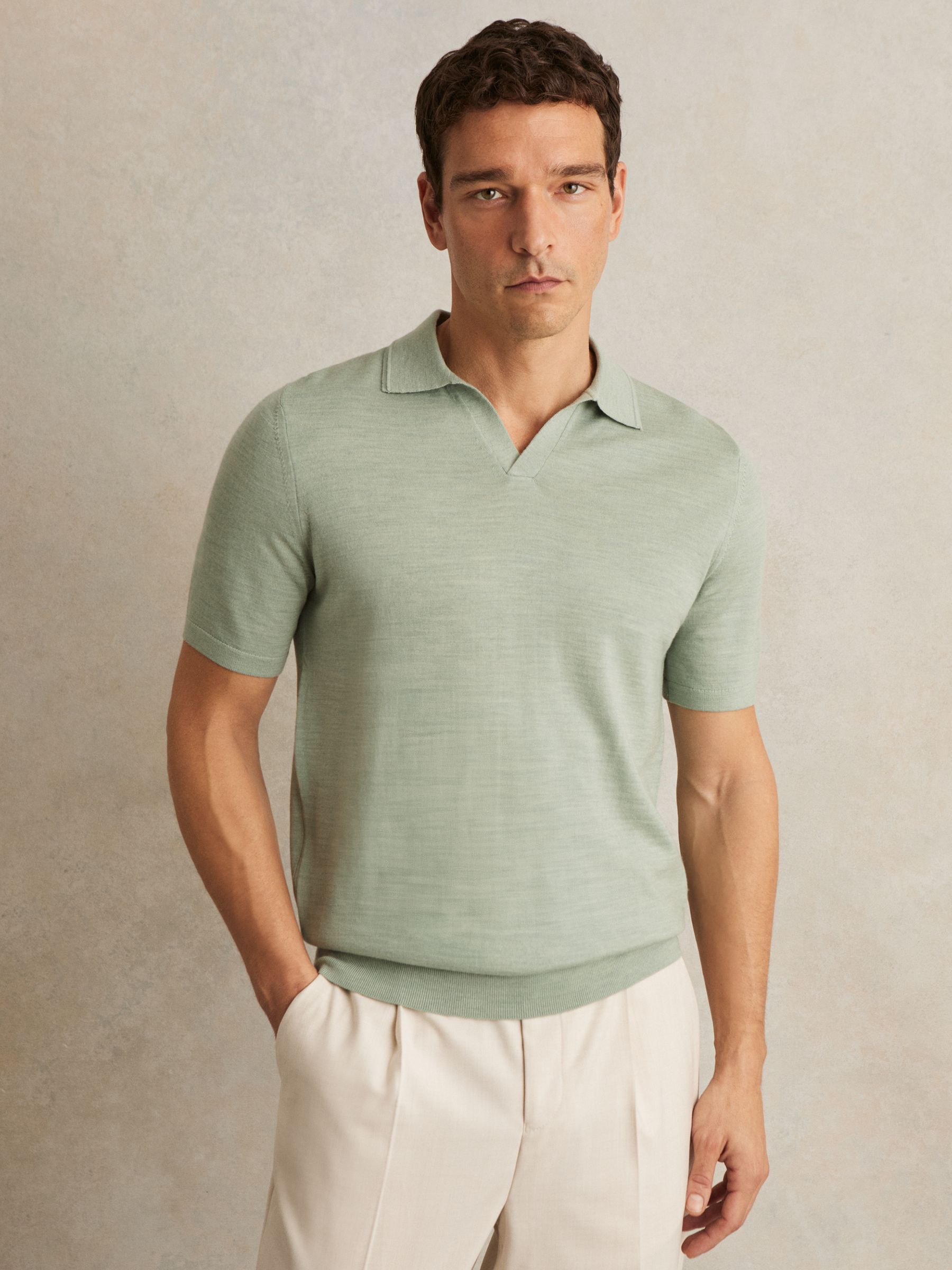 Merino Wool Open-Collar Polo Shirt in Sage Green Melange