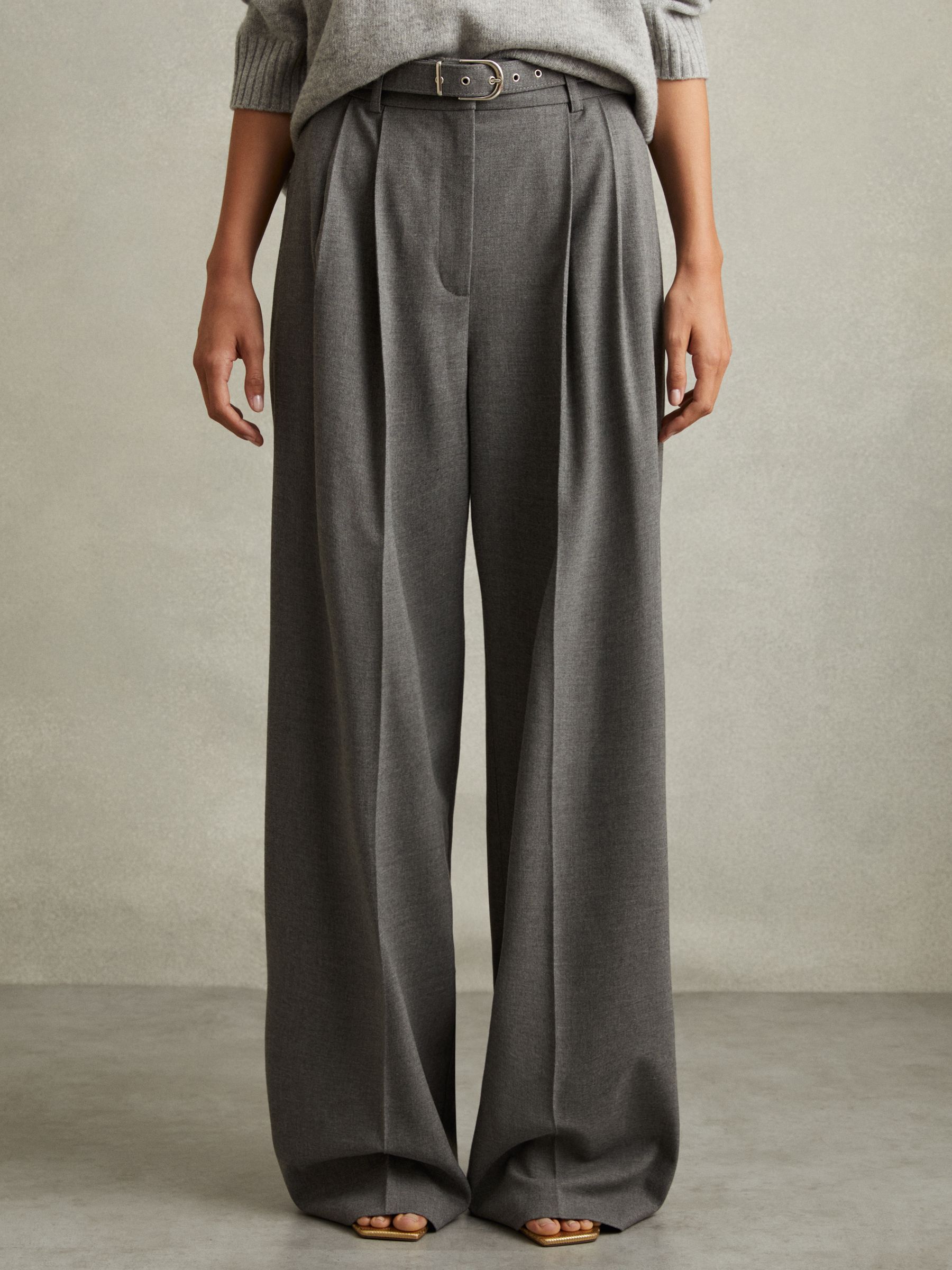 Belted Wide Leg Trousers in Grey