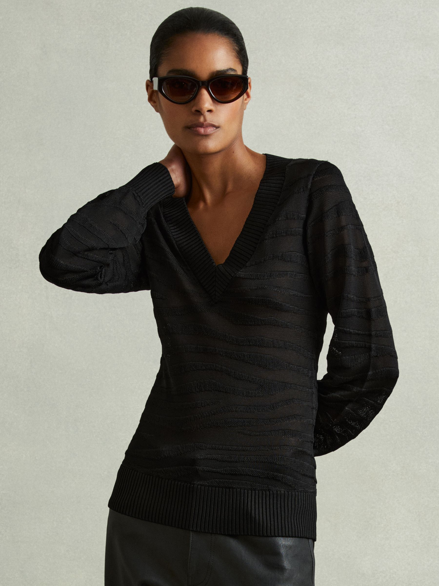 Striped V-Neck Jumper in Black