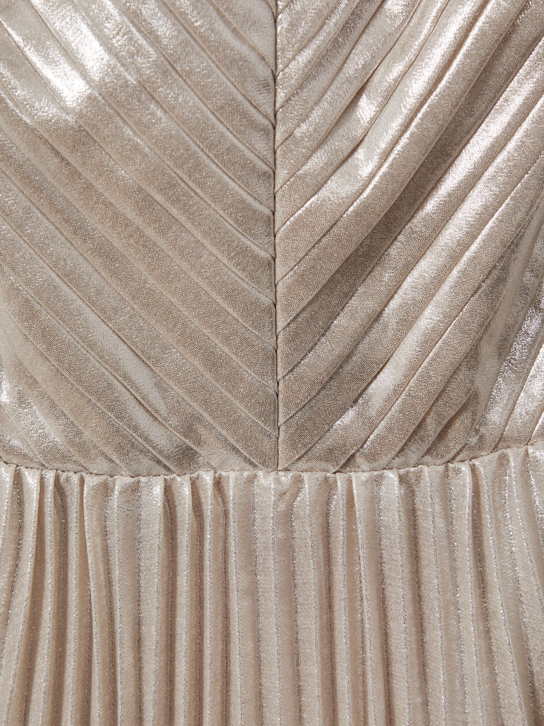 Halston Metallic Pleated Maxi Dress in Nude
