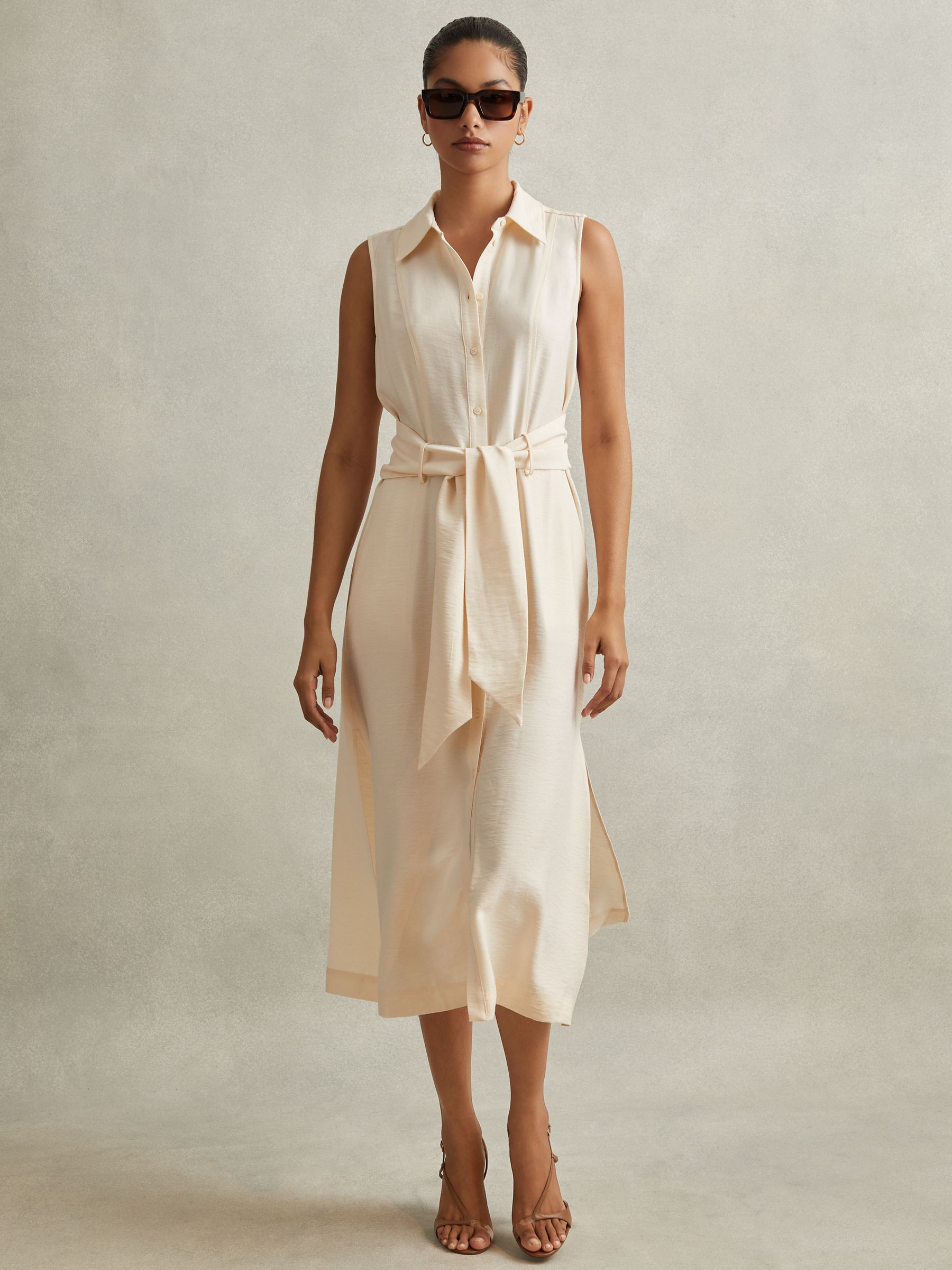 Viscose Blend Belted Shirt Dress in Cream