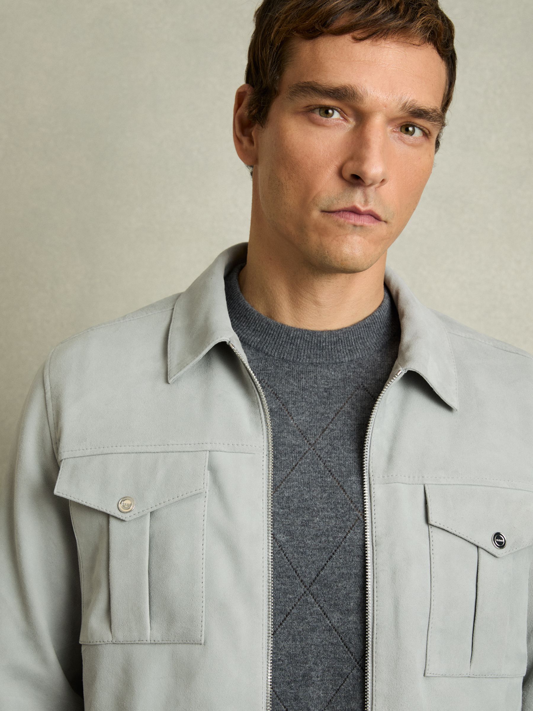 Suede Zip-Through Jacket in Soft Blue