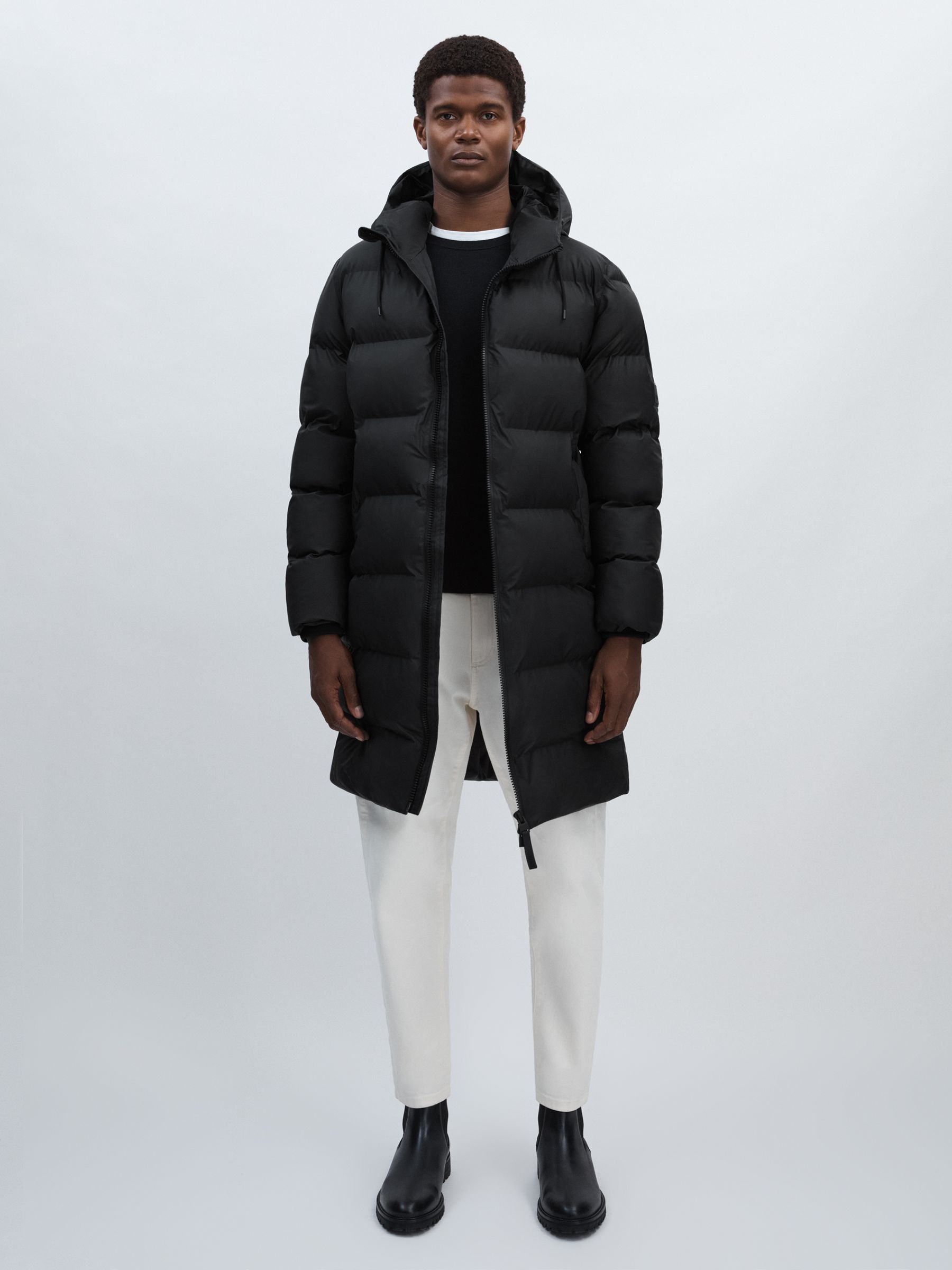 Rains Long Hooded Puffer Jacket in Black