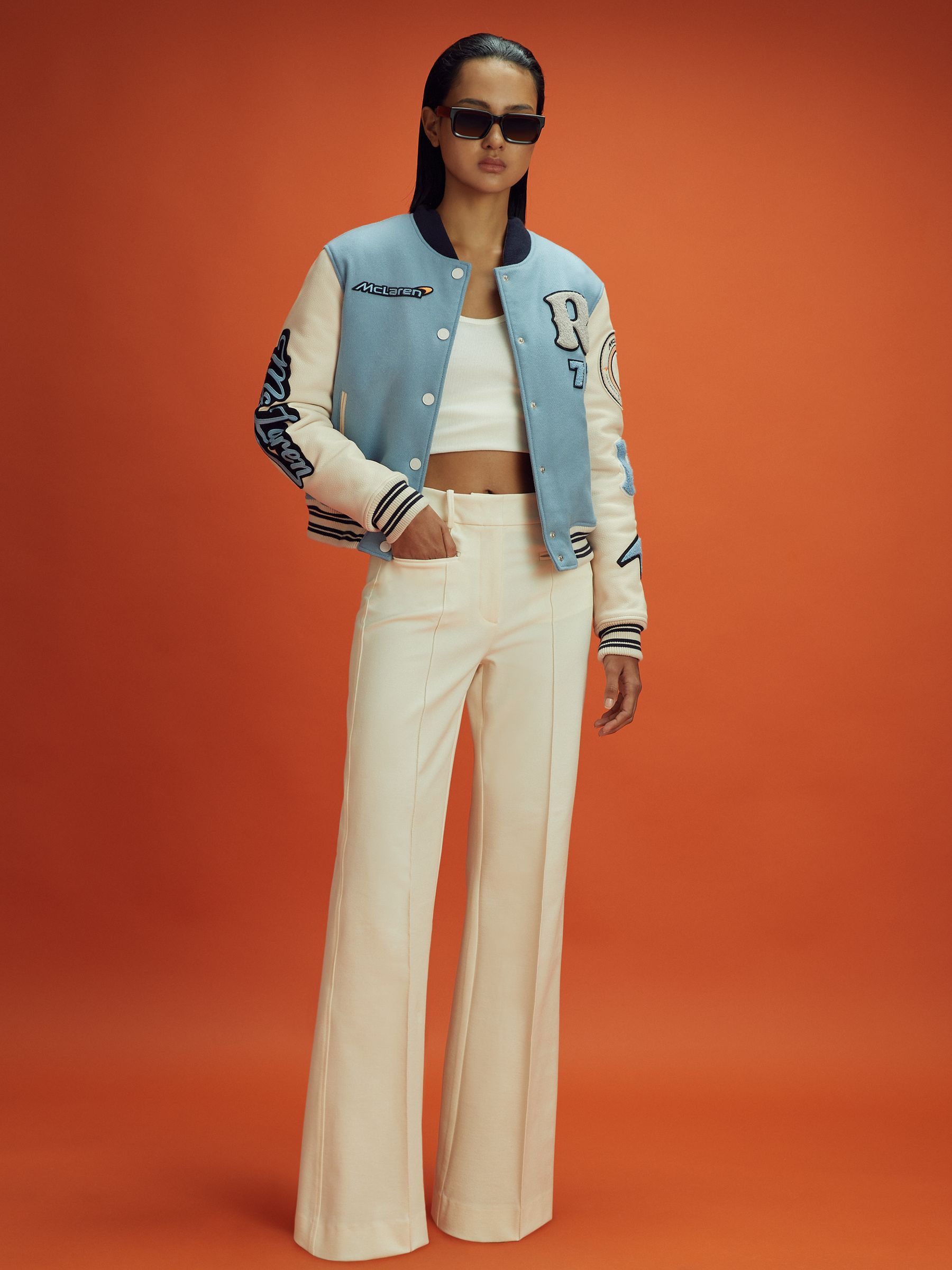 McLaren F1 Leather Varsity Jacket in Soft Blue/Ecru