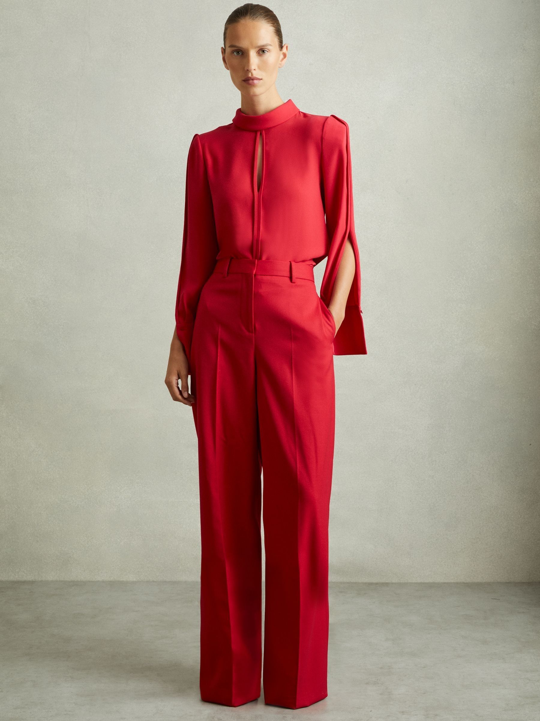 Wool Blend Wide Leg Tux Trousers in Red