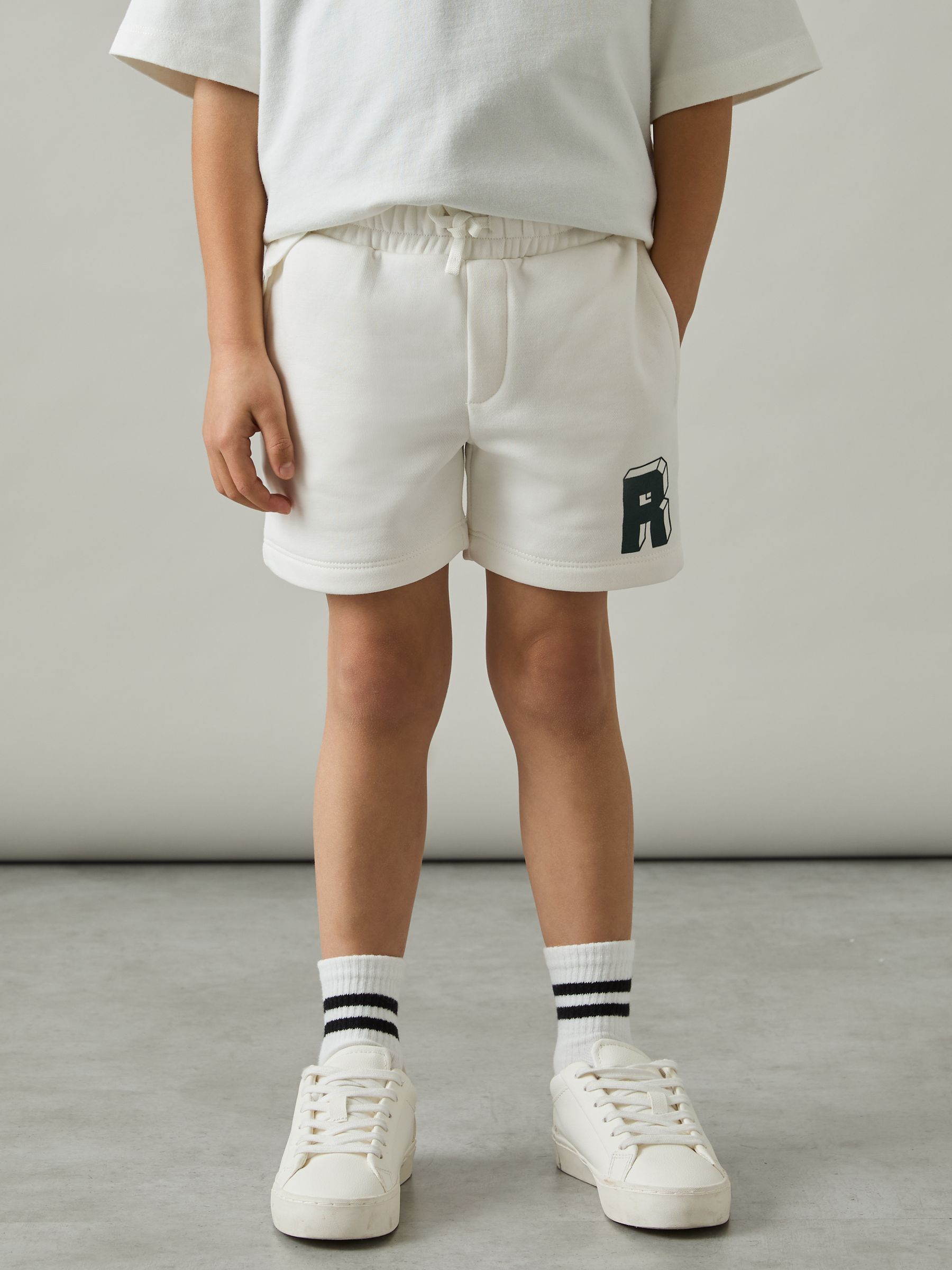 9-13 yrs Jersey Drawstring R Print Shorts in Off White/Forest Green