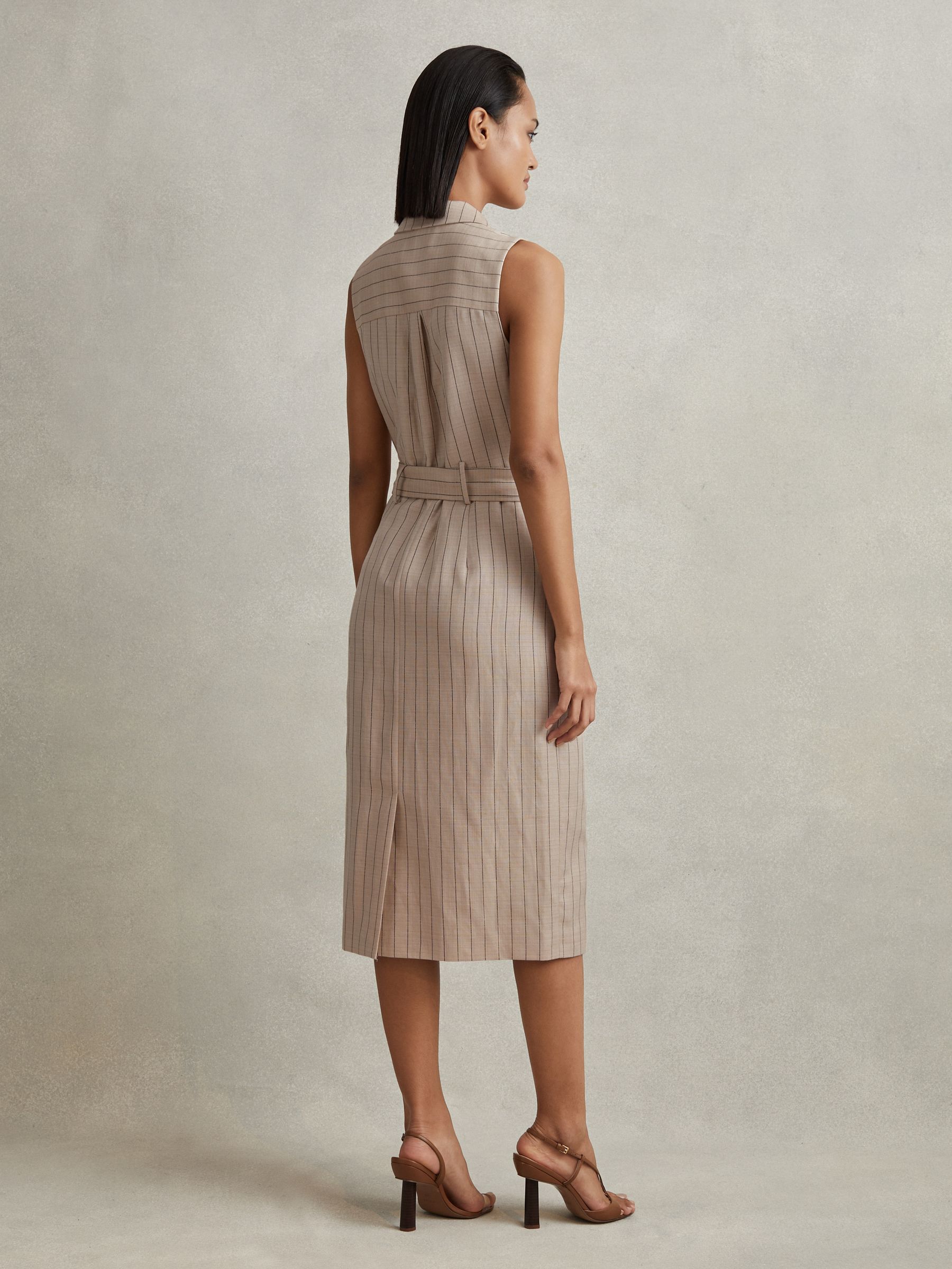 Wool Blend Striped Double Breasted Midi Dress in Neutral