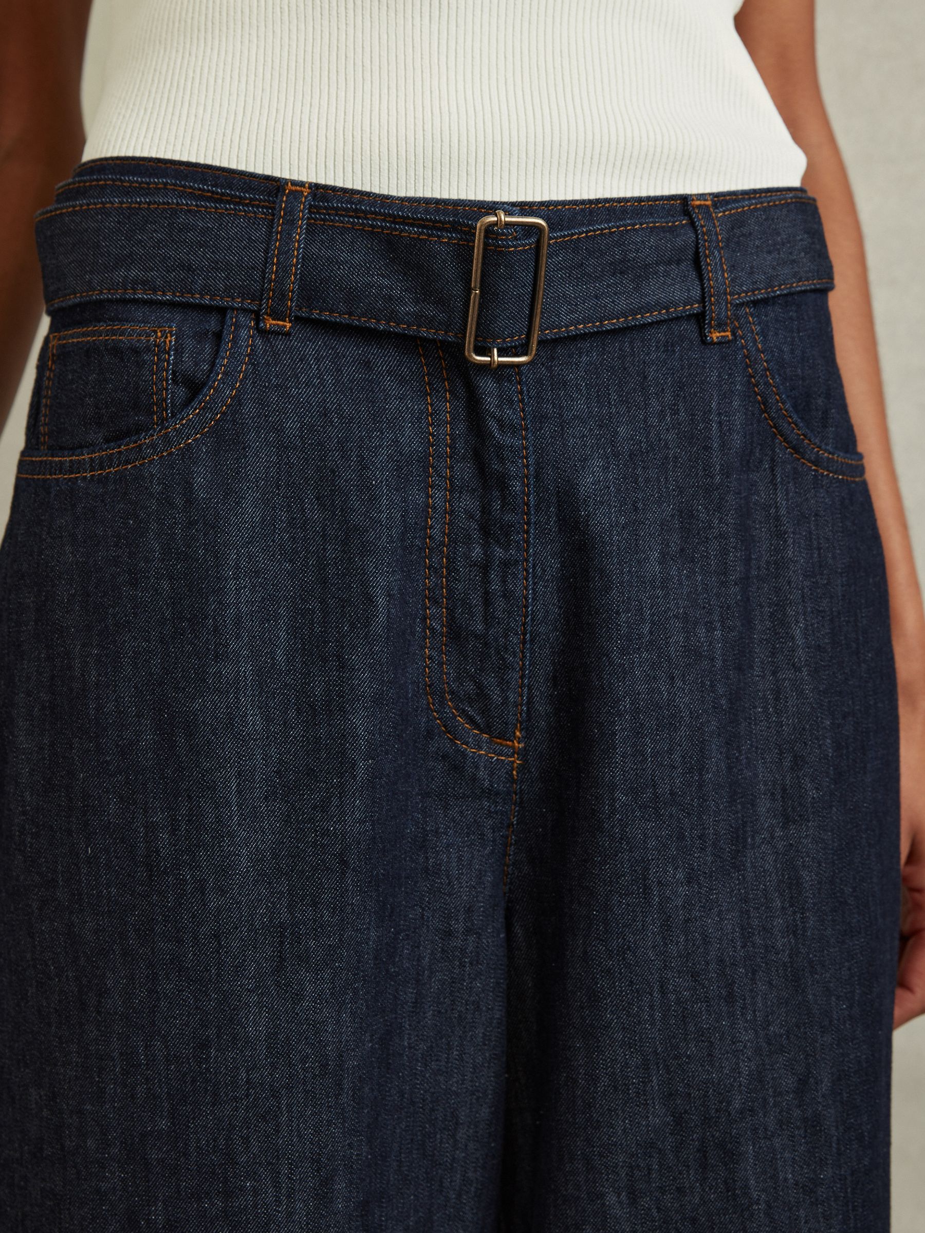 Belted Wide Leg Jeans in Dark Blue