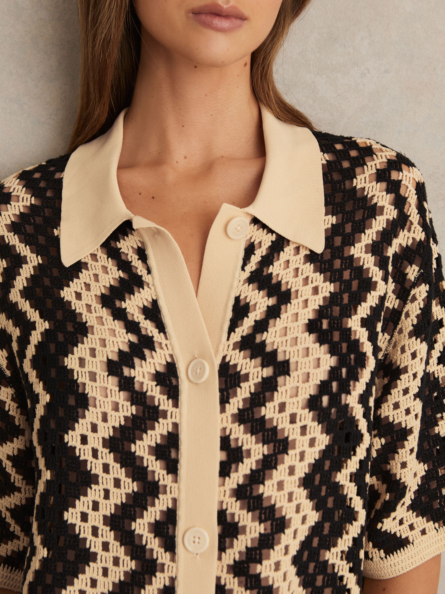 Cotton Blend Patterned Crochet Dress in Black/Cream