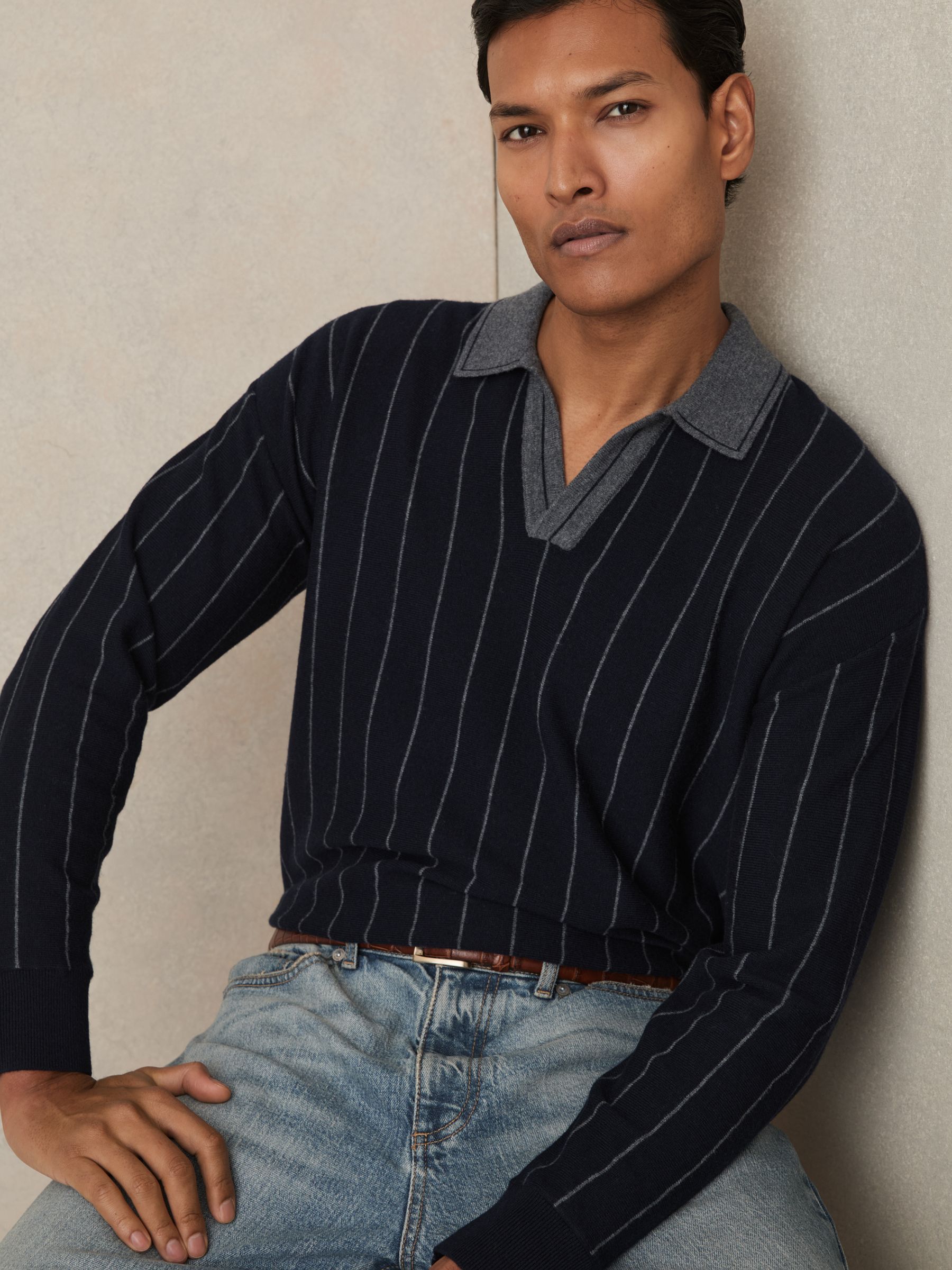 Wool Open-Collar Stripe Polo Shirt in Navy