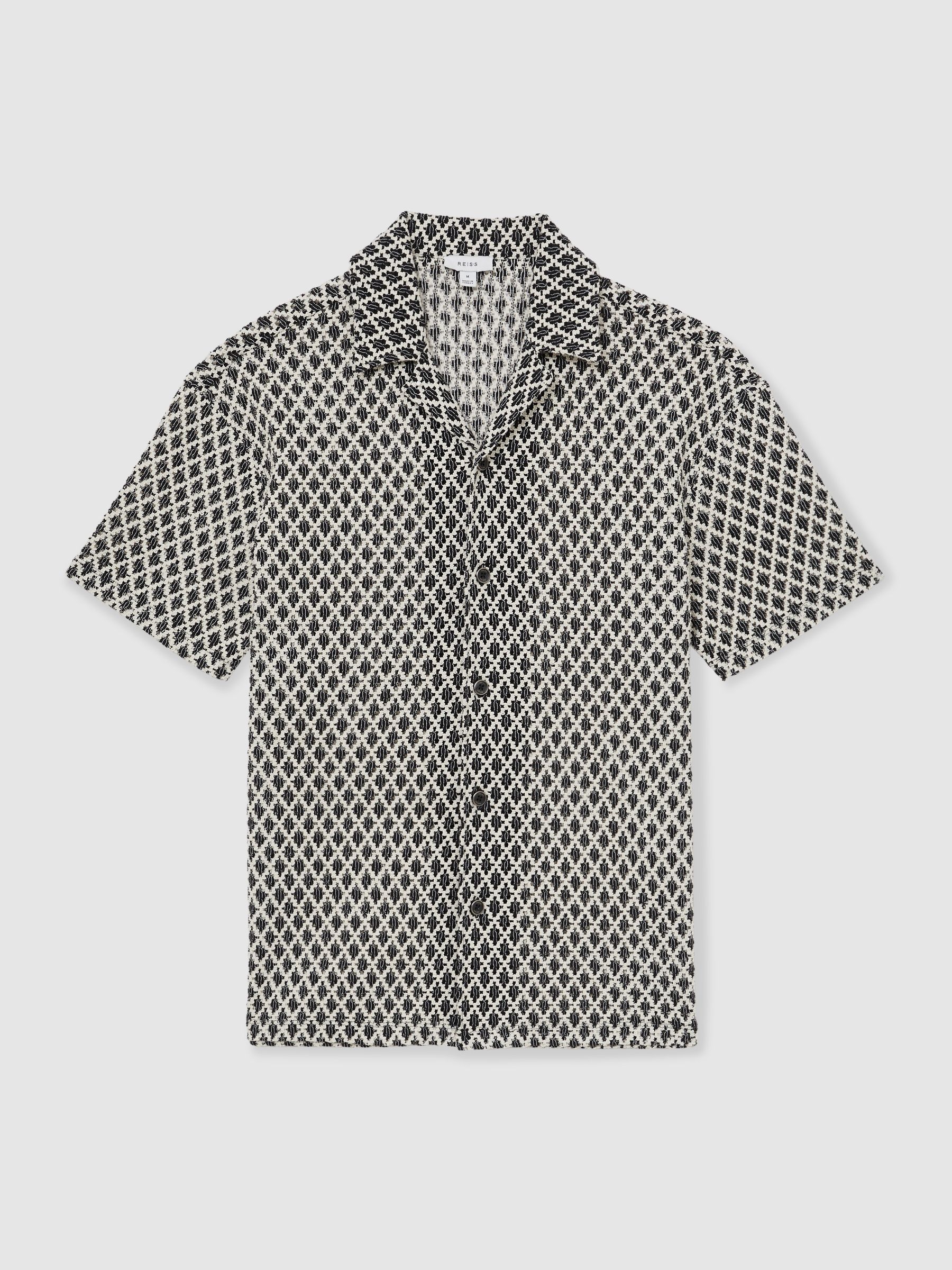 Geometric-Crochet Cuban-Collar Shirt in Navy/White