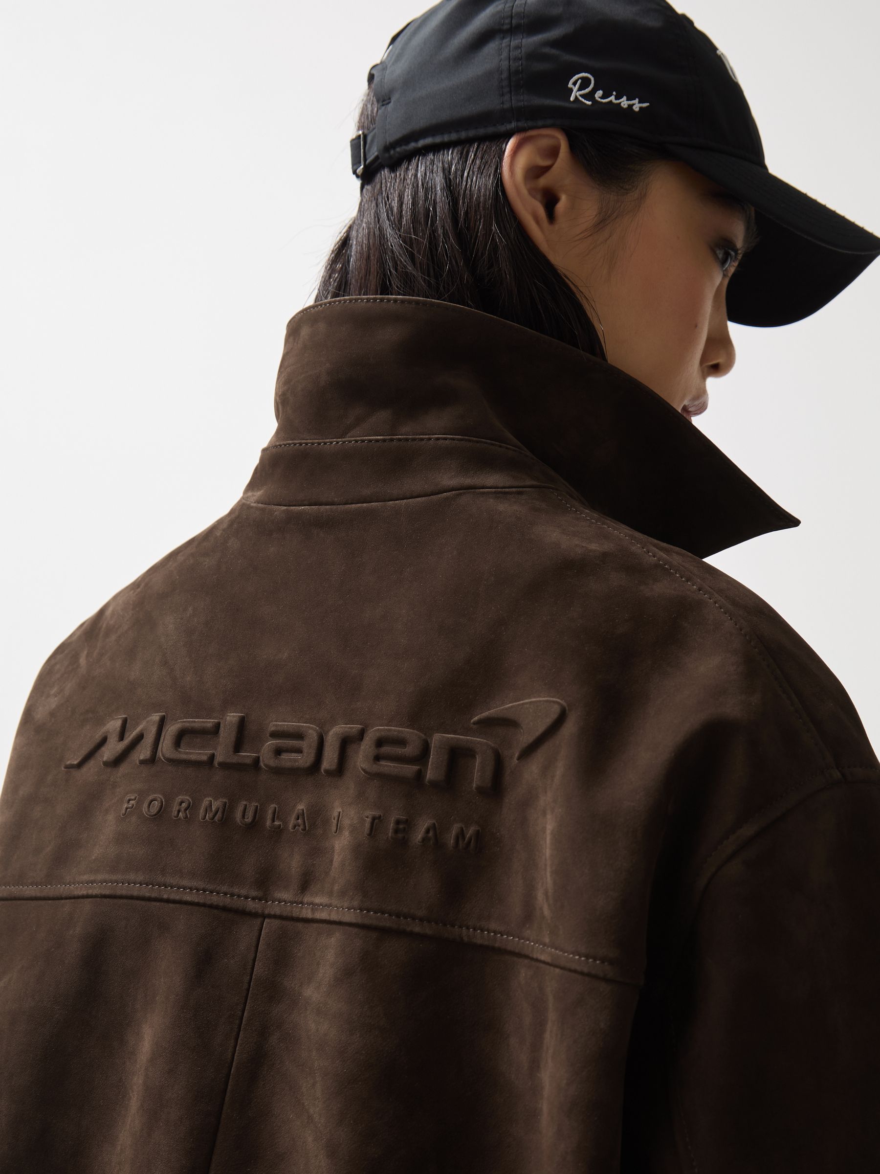McLaren F1 Team Suede Bomber Jacket in Chocolate Brown