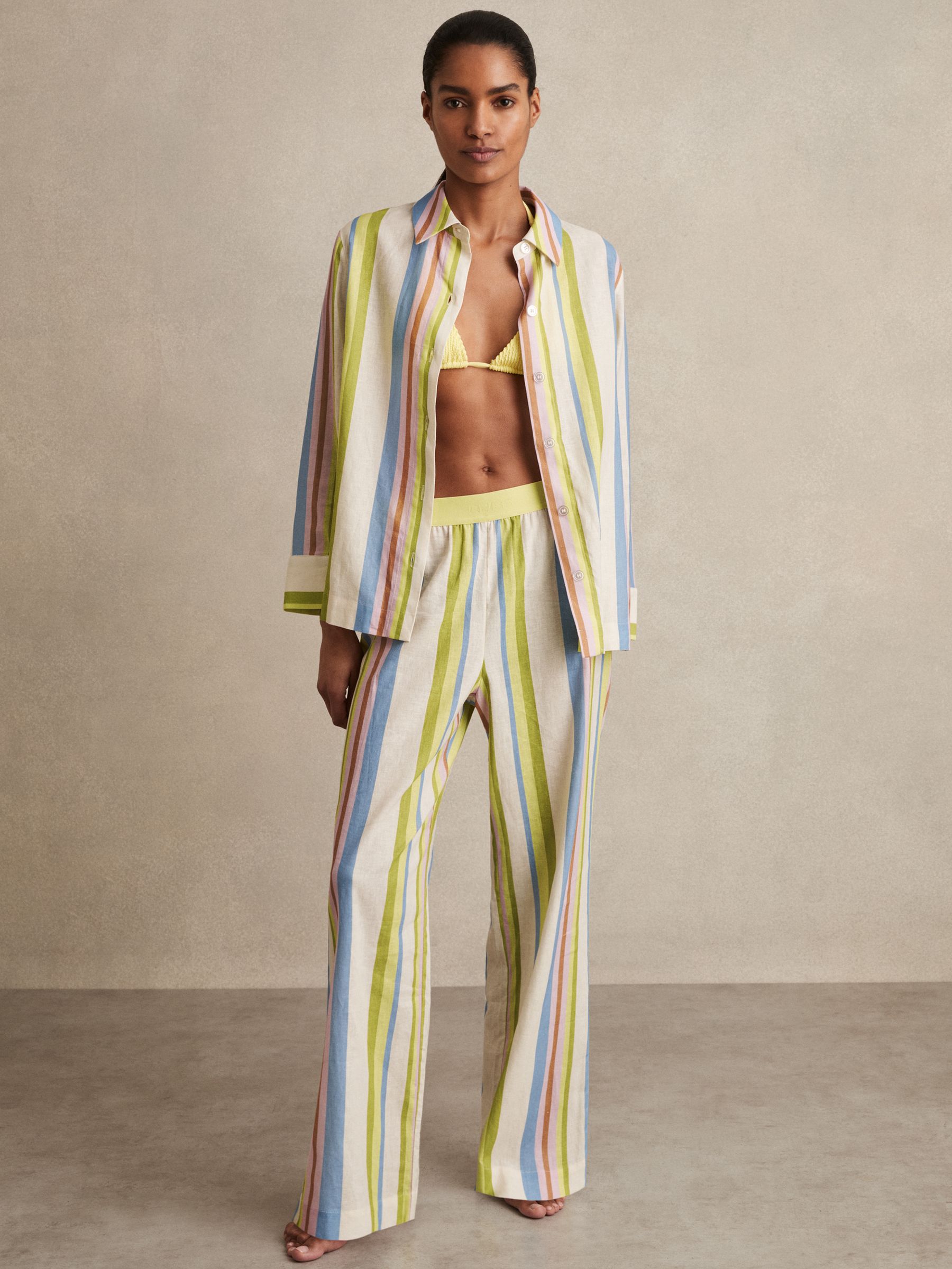 Linen-Blend Stripe Long-Sleeve Shirt in Green/Blue